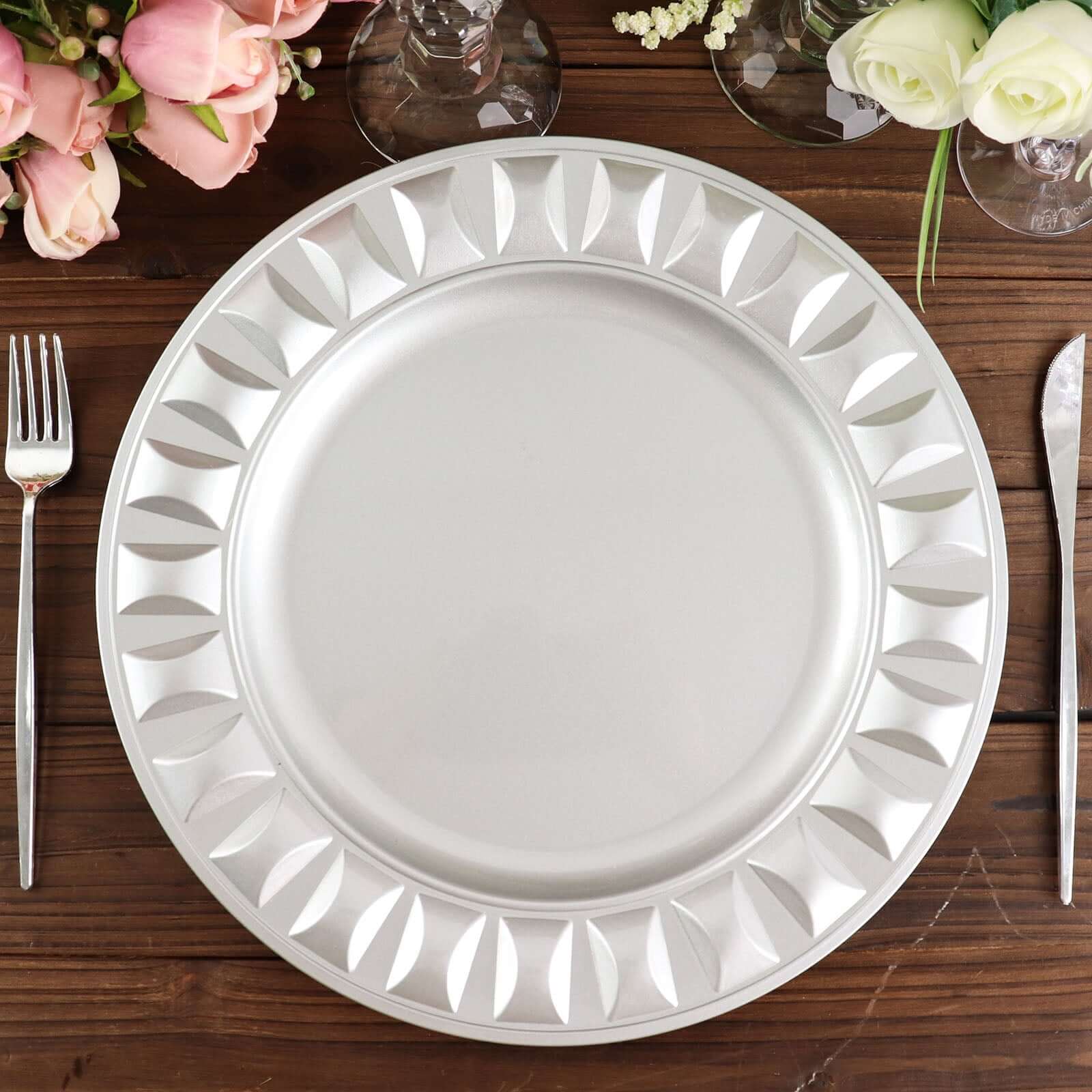 6-Pack Plastic Charger Plates 13" Round Silver Bejeweled Rim - Dinner Charger Tableware - Image 9
