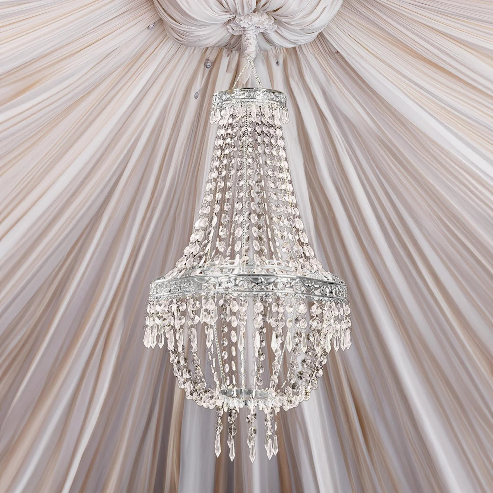 Empire Style Beaded Crystal Chandelier with Silver Ornate Metal Frame, Adjustable Hanging Farmhouse Pendant Ceiling Lighting - 5ft - Image 10