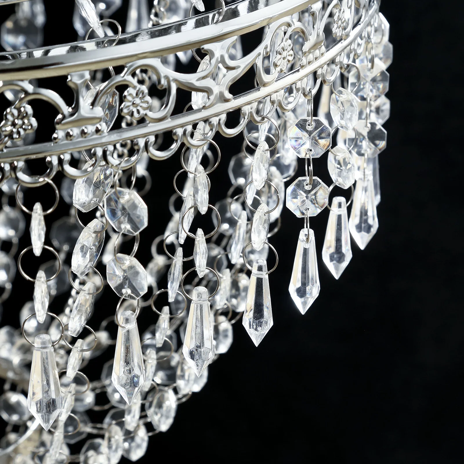 Empire Style Beaded Crystal Chandelier with Silver Ornate Metal Frame, Adjustable Hanging Farmhouse Pendant Ceiling Lighting - 5ft - Image 8