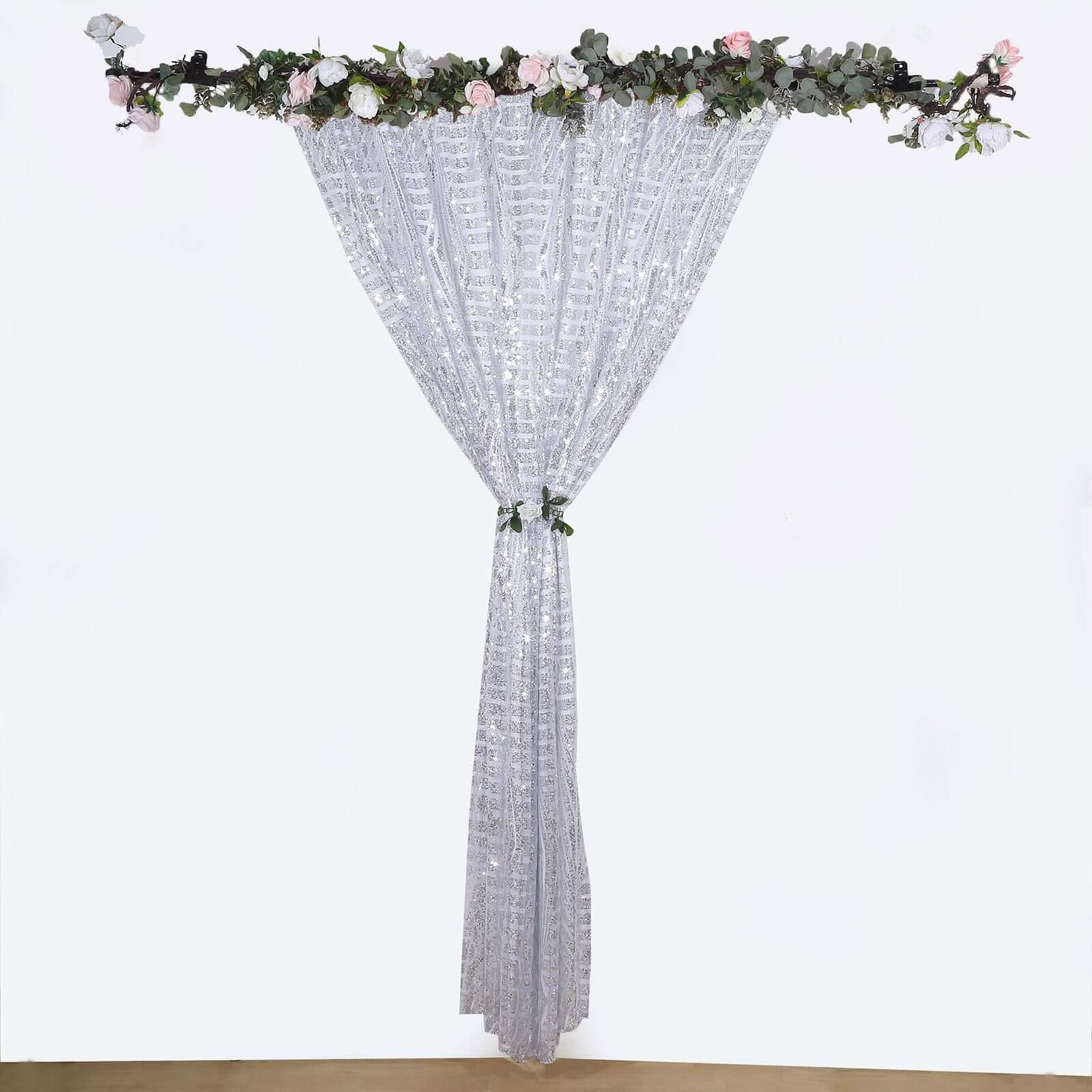 Silver Geometric Sequin Backdrop Drape Curtain with Satin Backing, Seamless Opaque Sparkly Photo Booth Event Divider Panel in Diamond Glitz Pattern - 8ftx8ft - Image 4