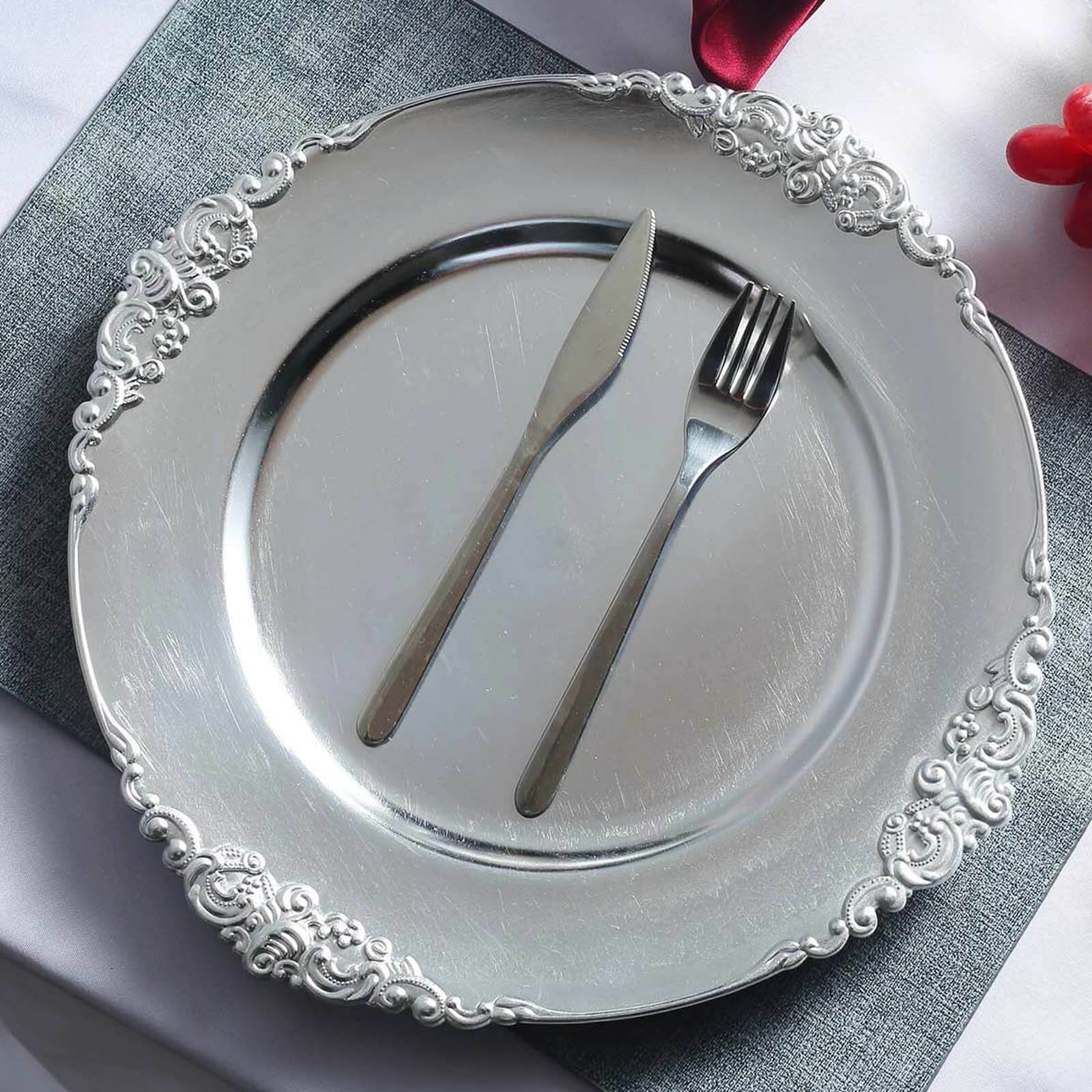 6-Pack Acrylic Charger Plates 13" Round Silver Embossed Baroque Rim - Antique Decorative Dinner Tableware
