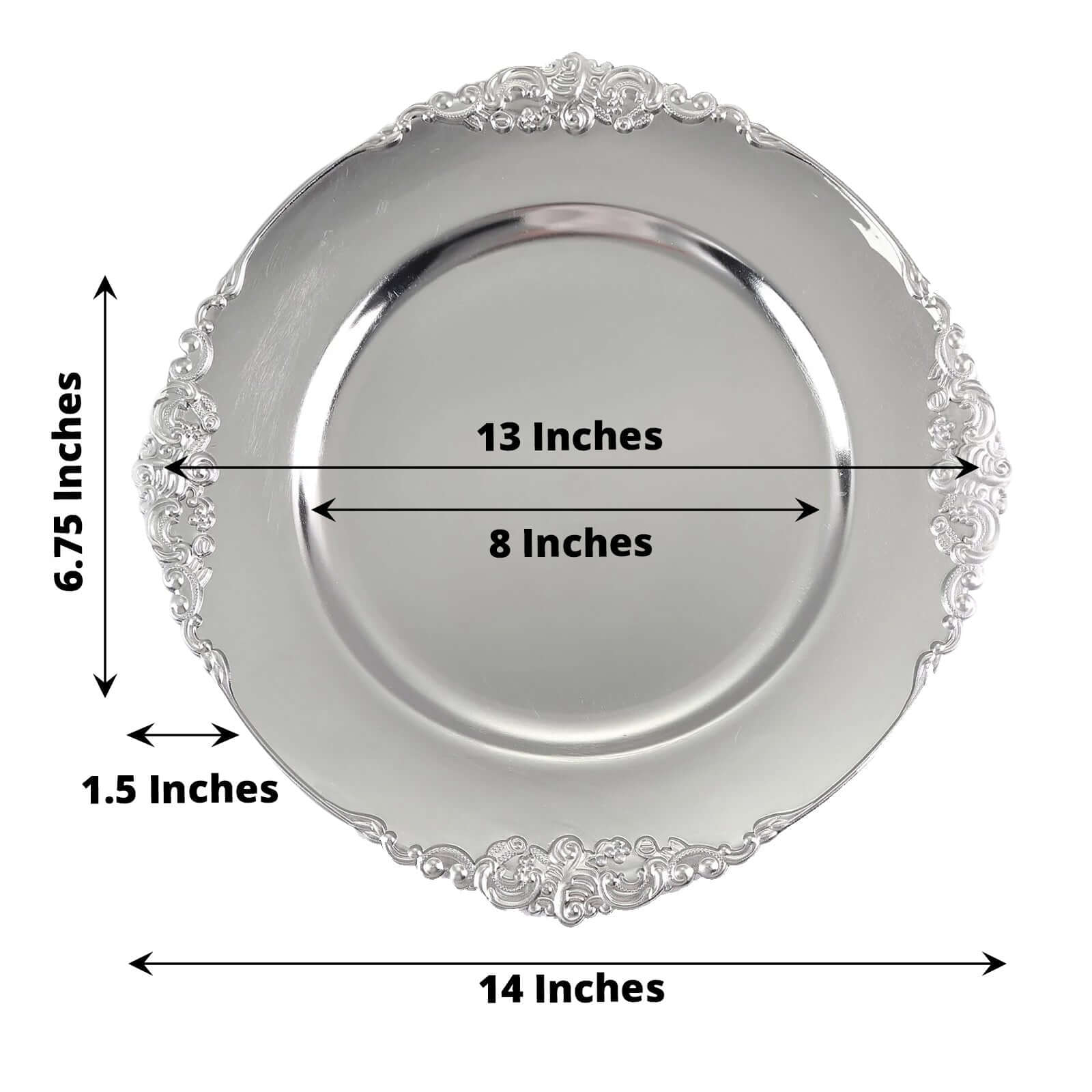 6-Pack Acrylic Charger Plates 13" Round Silver Embossed Baroque Rim - Antique Decorative Dinner Tableware - Image 3