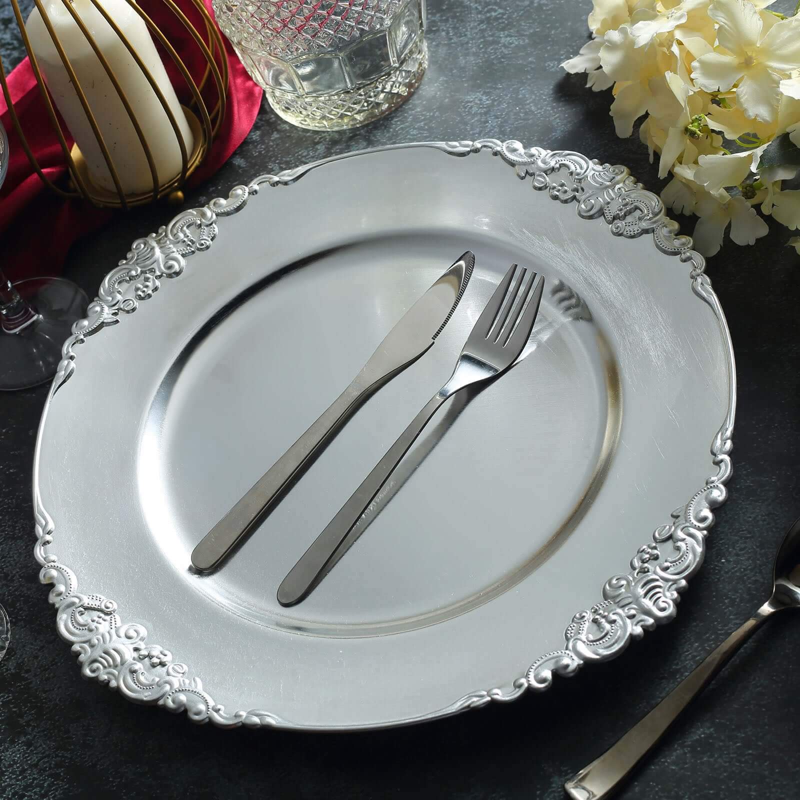 6-Pack Acrylic Charger Plates 13" Round Silver Embossed Baroque Rim - Antique Decorative Dinner Tableware - Image 6