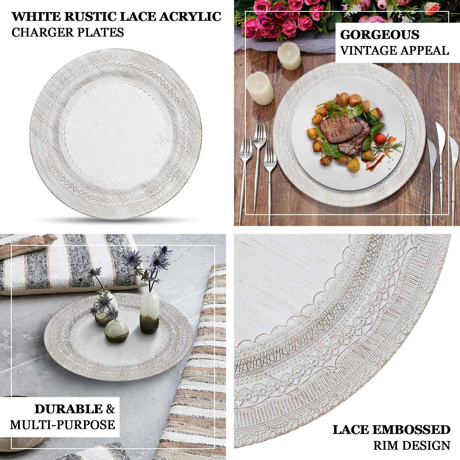 6-Pack Acrylic Charger Plates 13" Round Silver Lace Embossed Rim - Rustic Plastic Charger Tableware - Image 4