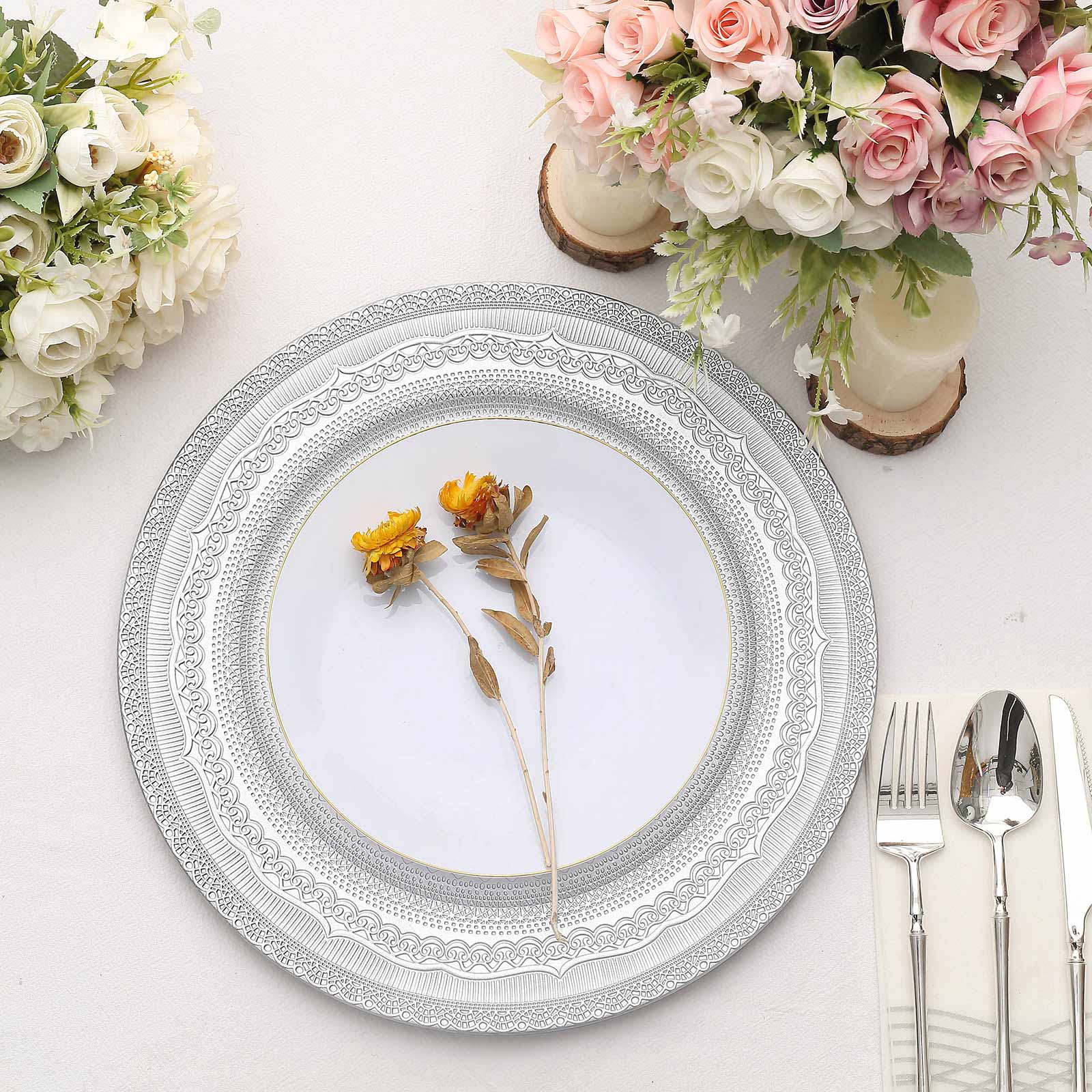 6-Pack Acrylic Charger Plates 13" Round Silver Lace Embossed Rim - Rustic Plastic Charger Tableware - Image 9