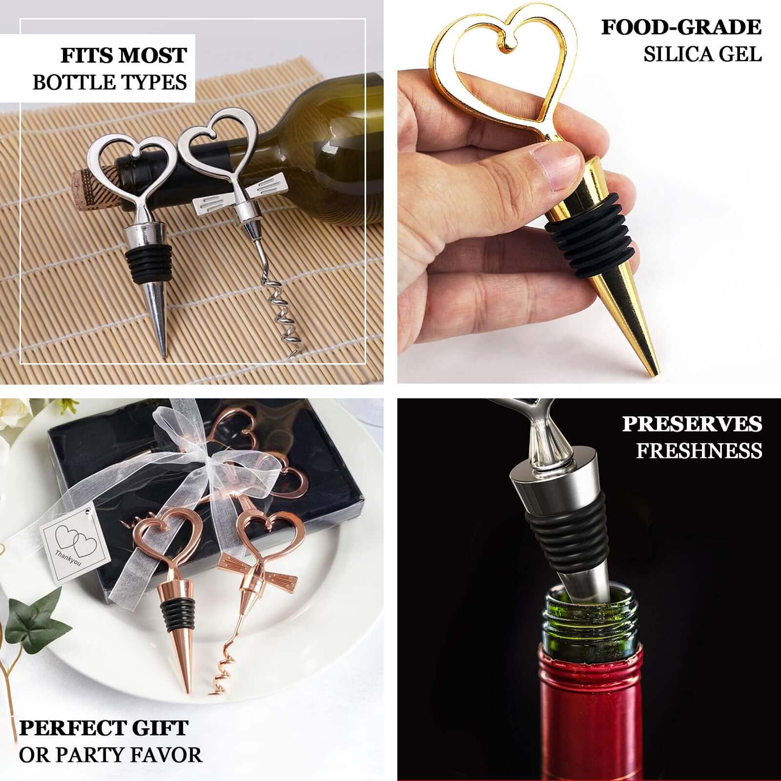 Silver Metal Heart Wine Bottle Opener / Cork Stopper Party Favors Souvenir Gift Set, Wedding Favor in Velvet Box 4.5",5" - Image 4