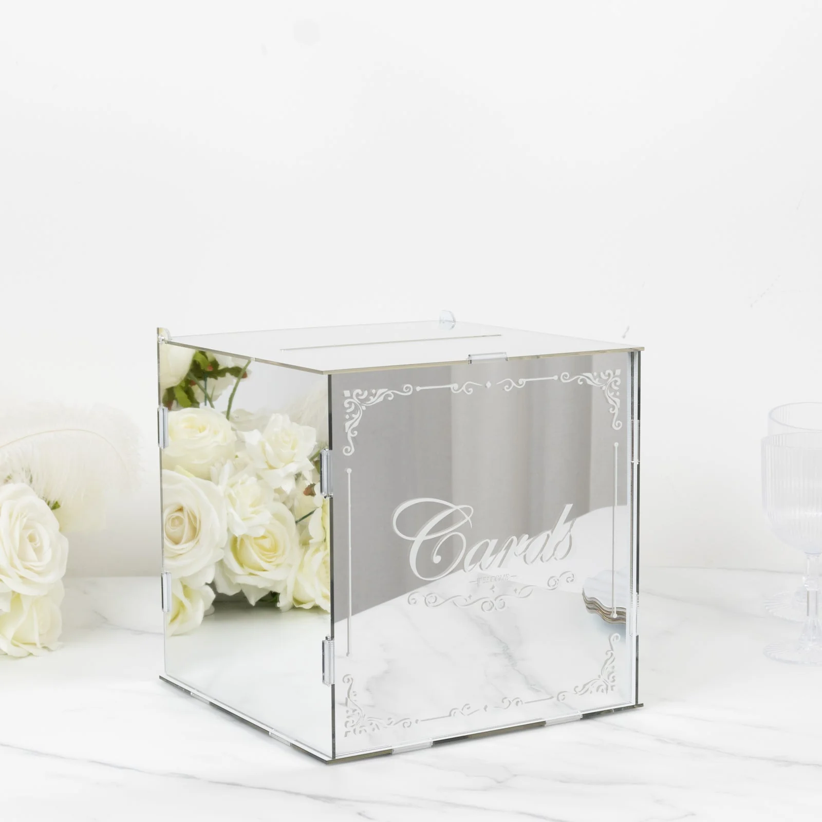Silver Mirror Acrylic Wedding Card Box with Slot - Wishing Well Money Box for Weddings, Birthdays, and Parties - 10" - Image 3