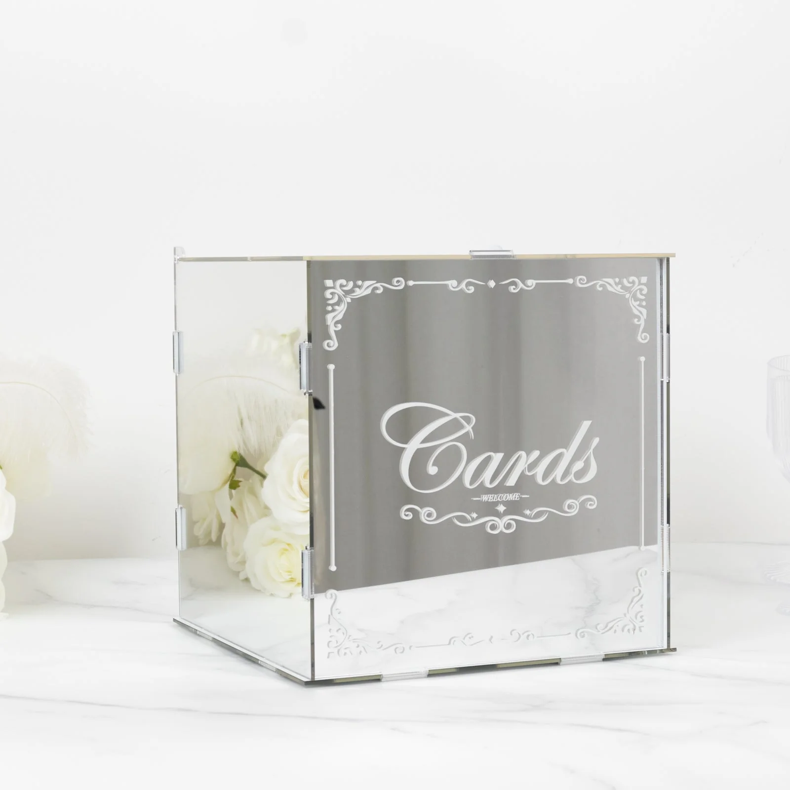Silver Mirror Acrylic Wedding Card Box with Slot - Wishing Well Money Box for Weddings, Birthdays, and Parties - 10" - Image 6