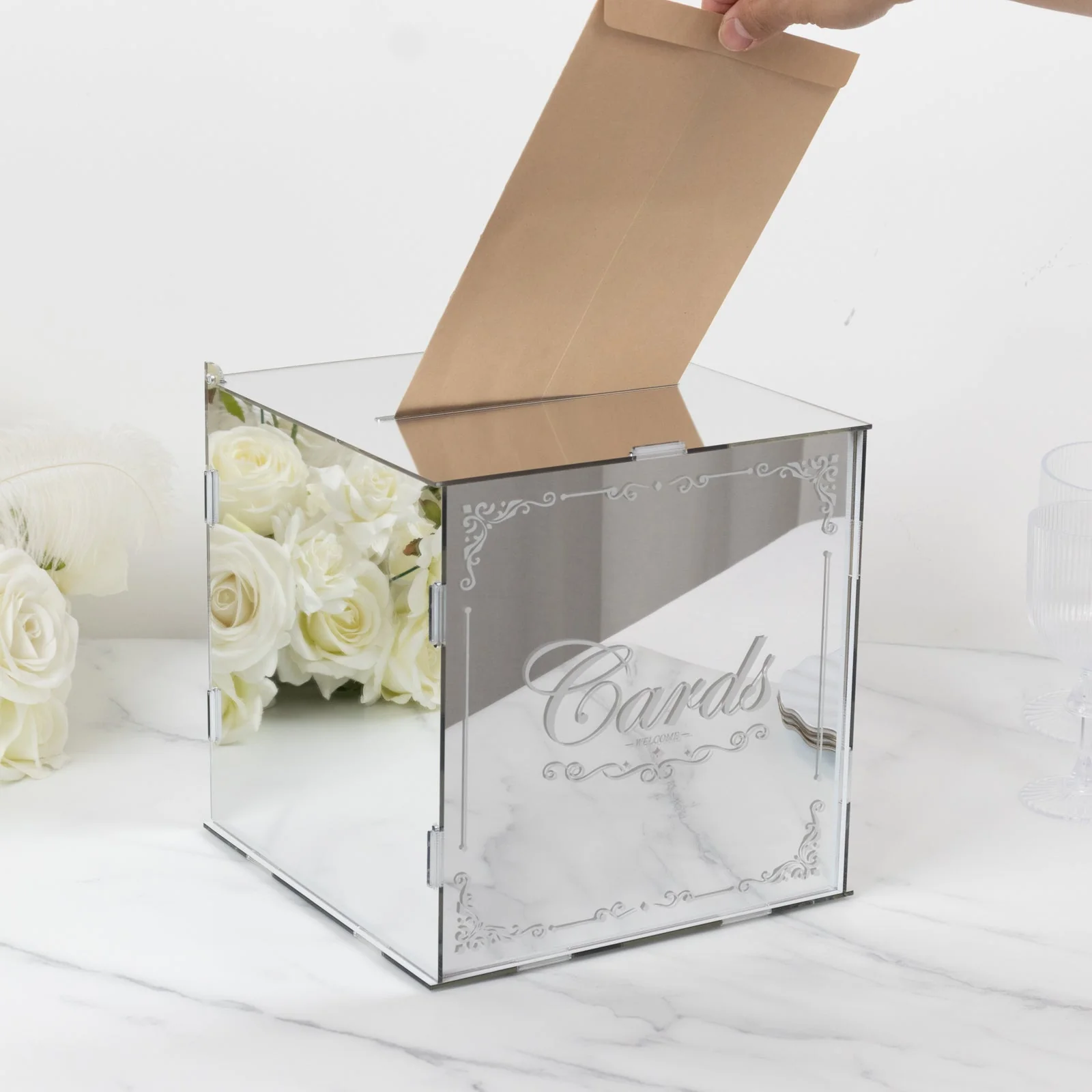 Silver Mirror Acrylic Wedding Card Box with Slot - Wishing Well Money Box for Weddings, Birthdays, and Parties - 10" - Image 8