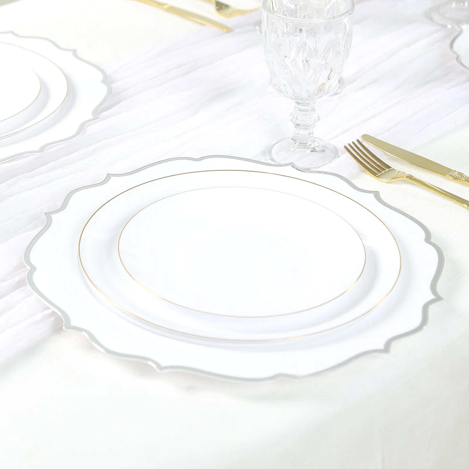 10-Pack Economy Plastic Charger Plates 13" Round White with Silver Scalloped Rim - Decorative Dinner Party Serving Plates - Image 2