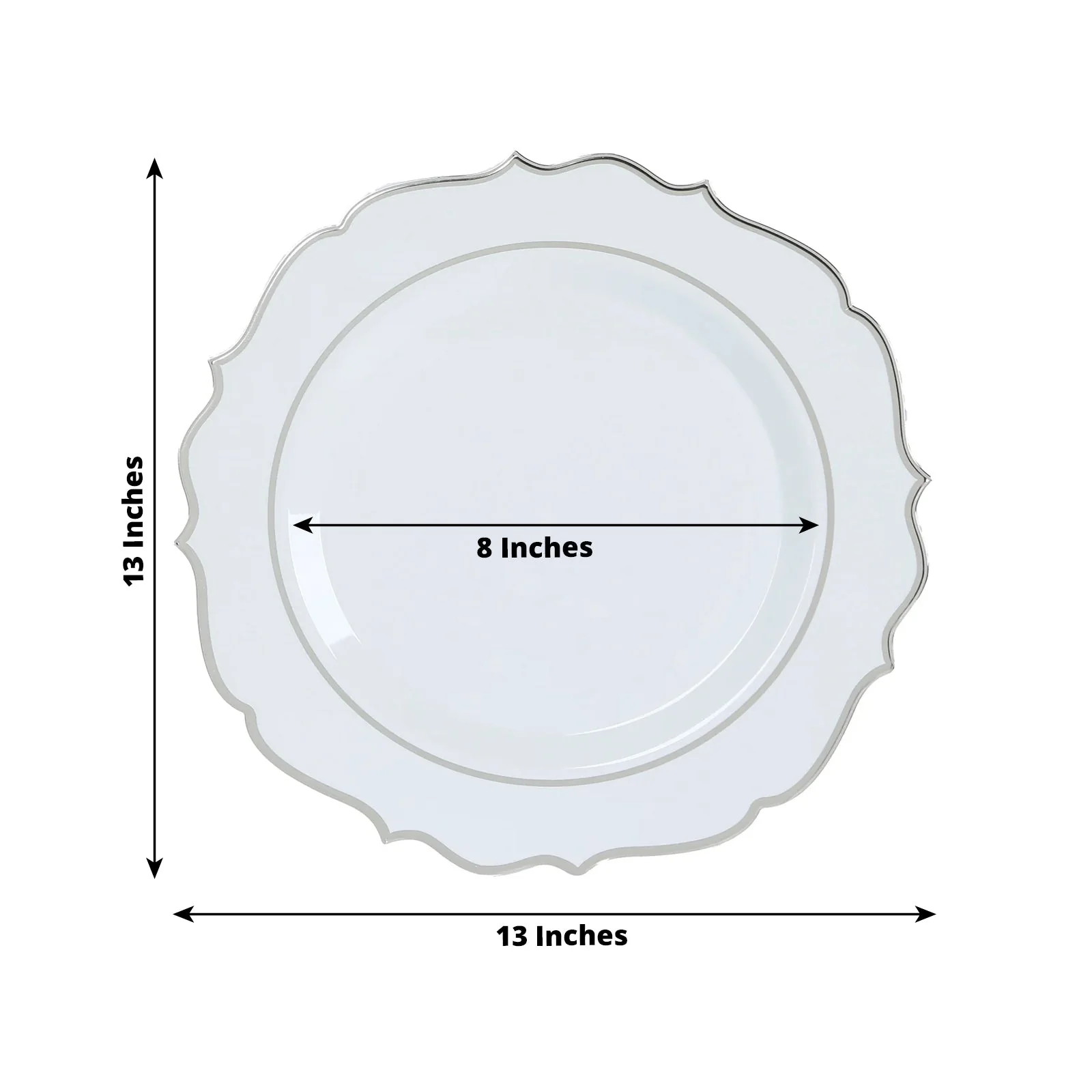 10-Pack Economy Plastic Charger Plates 13" Round White with Silver Scalloped Rim - Decorative Dinner Party Serving Plates - Image 3