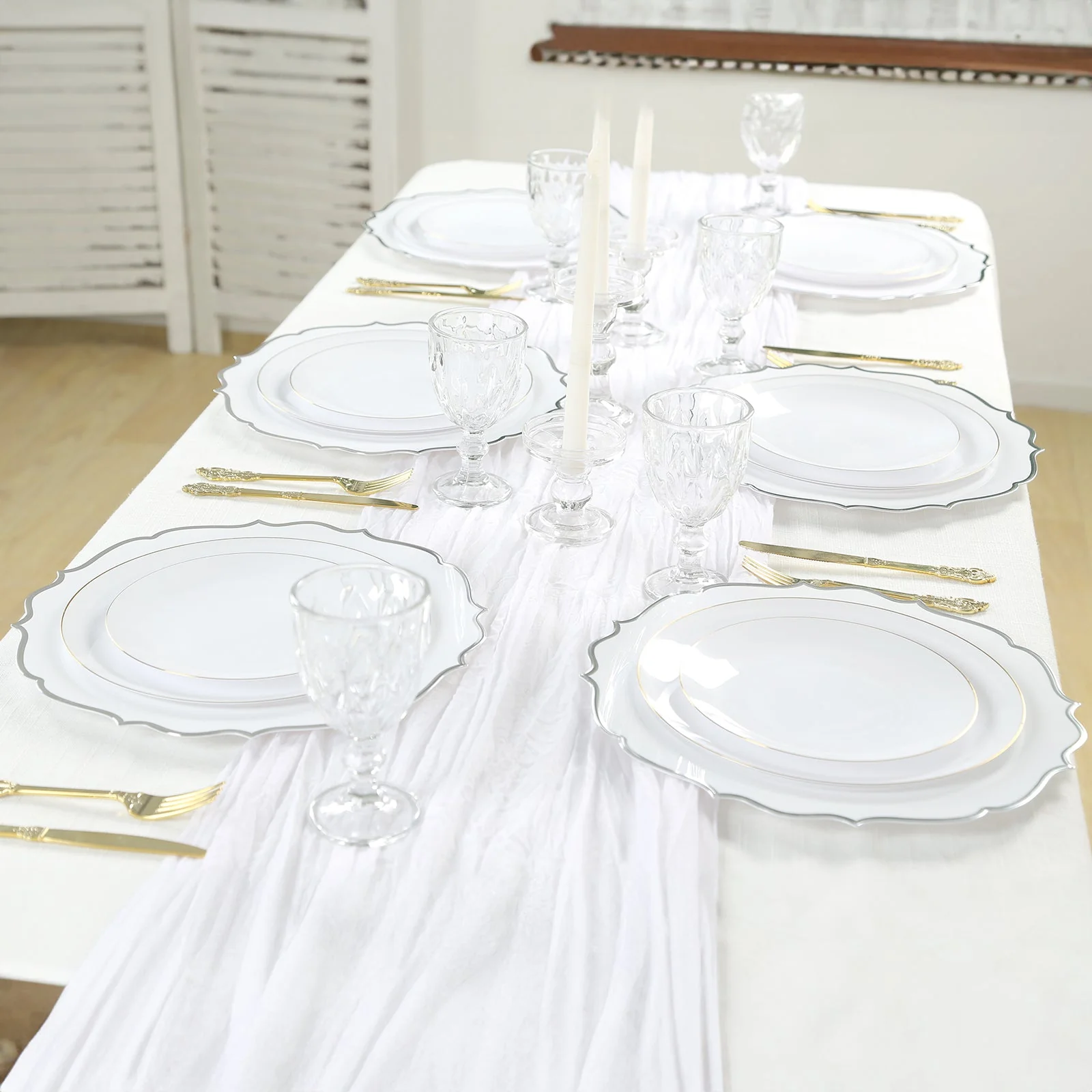 10-Pack Economy Plastic Charger Plates 13" Round White with Silver Scalloped Rim - Decorative Dinner Party Serving Plates - Image 4