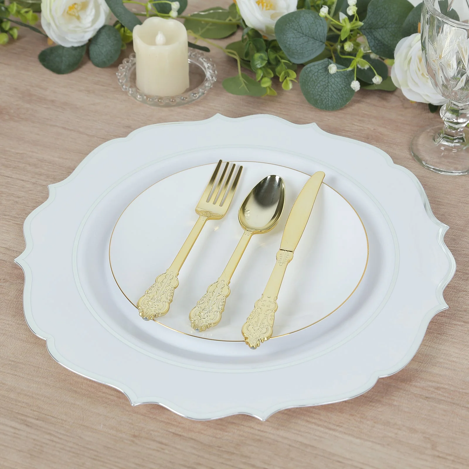 10-Pack Economy Plastic Charger Plates 13" Round White with Silver Scalloped Rim - Decorative Dinner Party Serving Plates - Image 7