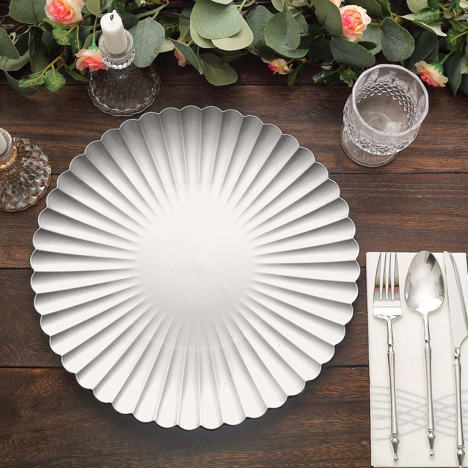 6-Pack Plastic Charger Plates 13" Round Silver with Scalloped Shell Pattern - Coastal Inspired Disposable Charger Tableware - Image 6
