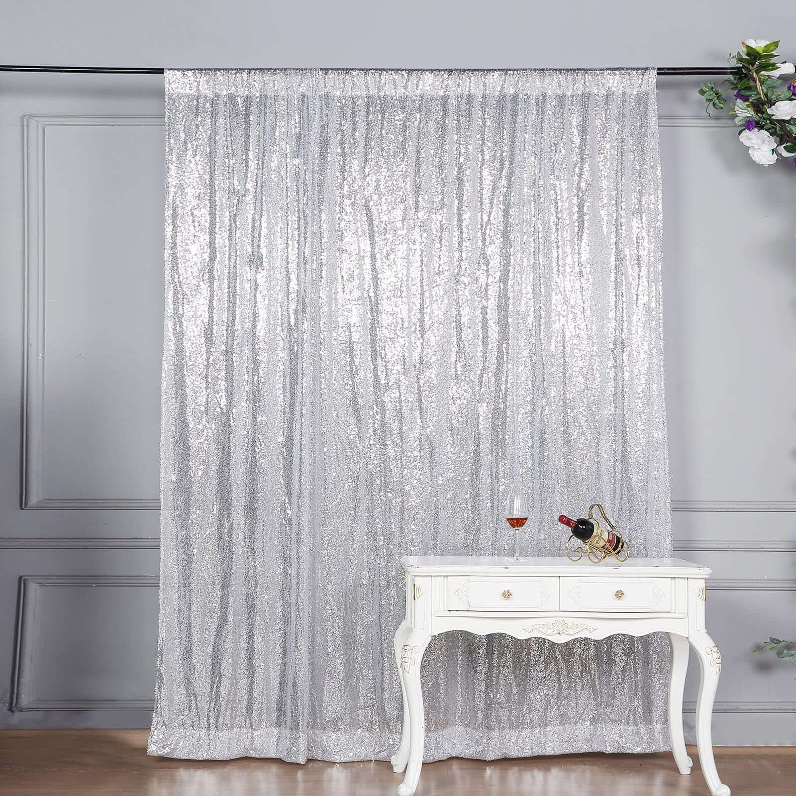 Silver Sequin Backdrop Drape Curtain, Photo Booth Event Divider Panel - 8ftx8ft