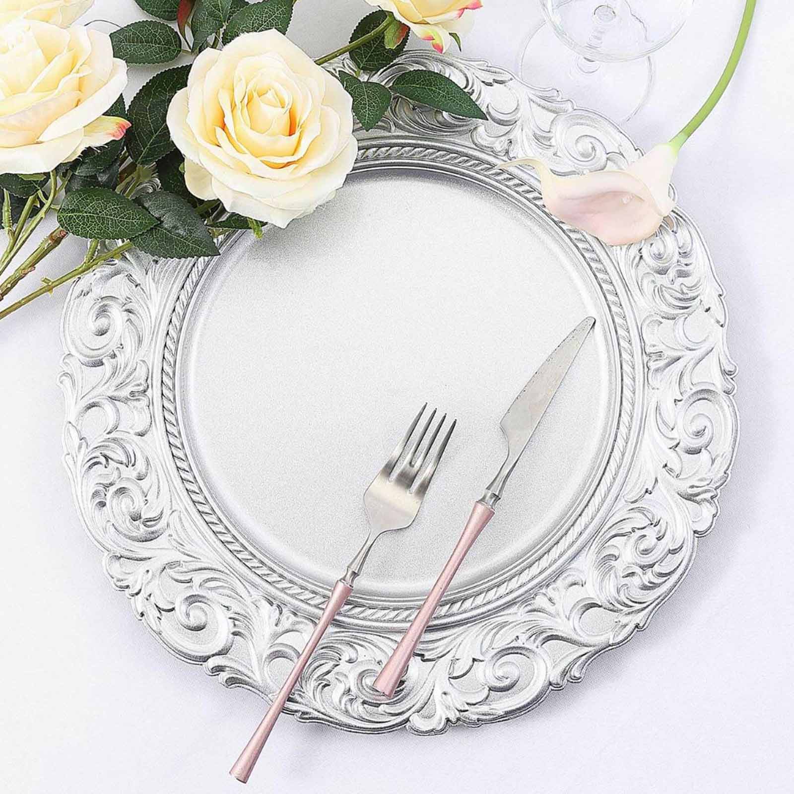 6-Pack Acrylic Charger Plates 14" Round Silver with Engraved Baroque Rim - Vintage Disposable Decorative Chargers
