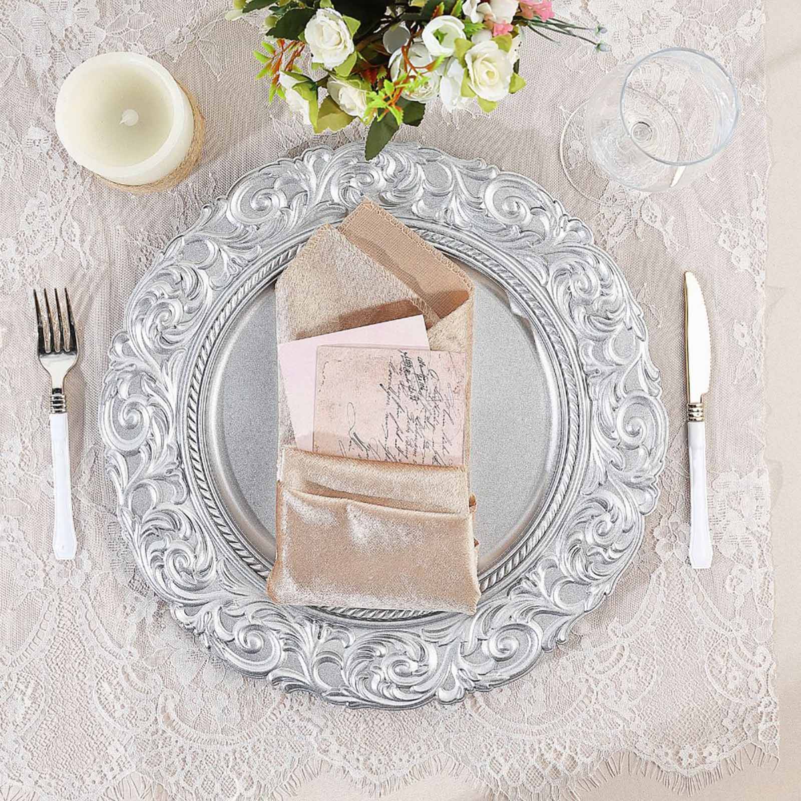 6-Pack Acrylic Charger Plates 14" Round Silver with Engraved Baroque Rim - Vintage Disposable Decorative Chargers - Image 6