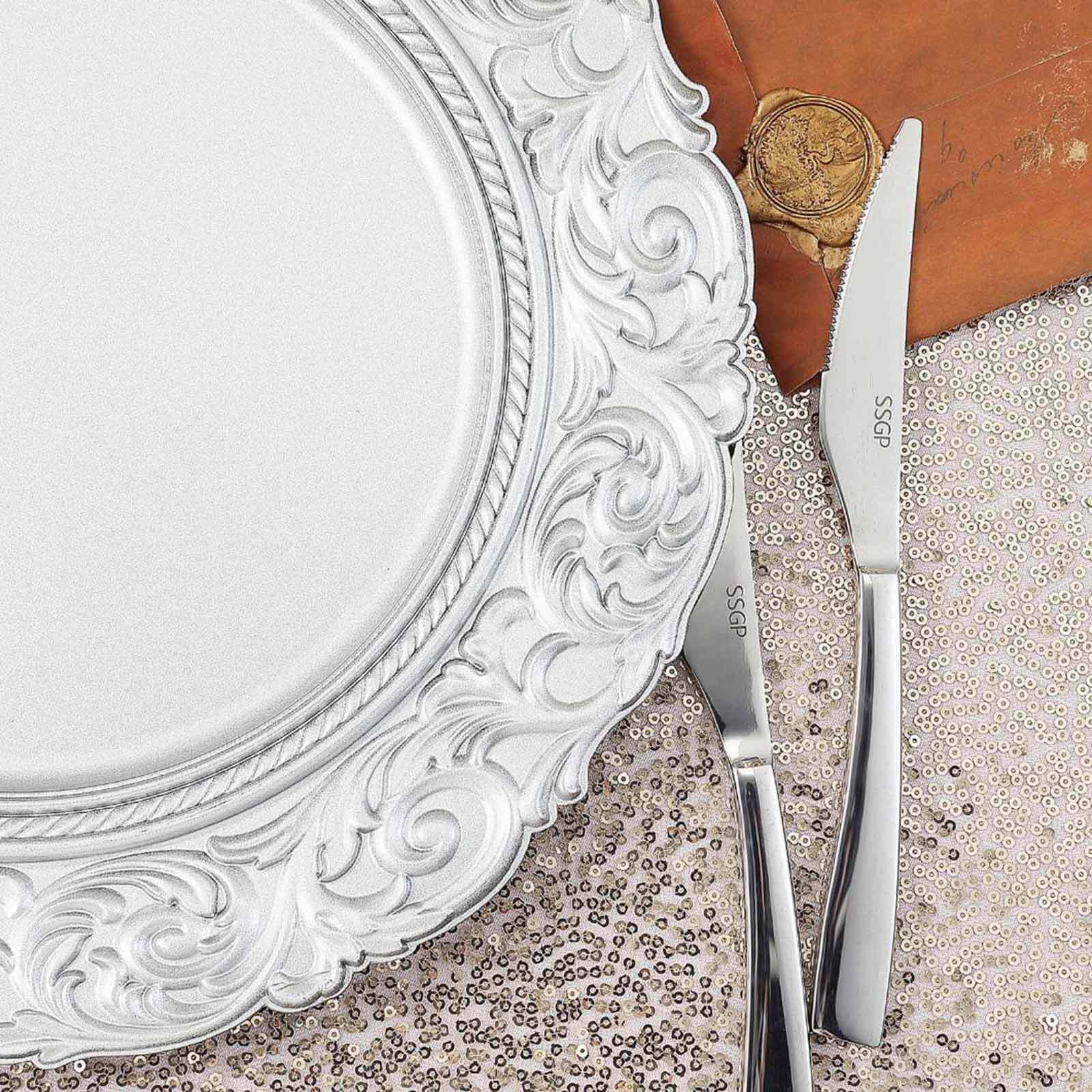 6-Pack Acrylic Charger Plates 14" Round Silver with Engraved Baroque Rim - Vintage Disposable Decorative Chargers - Image 8