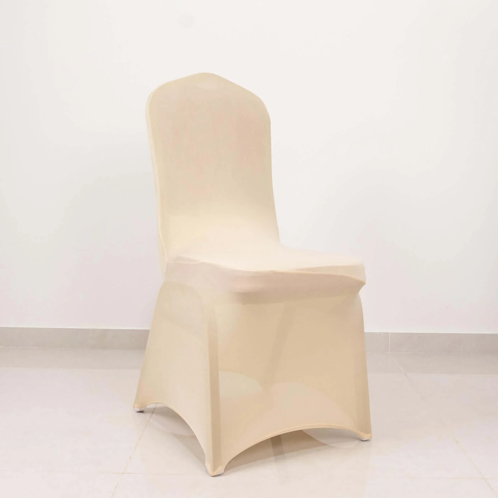 Spandex Banquet Chair Cover Beige with Silver Rhinestone Buckled Sash Band - Stretched Fitted Slip-On Slipcover - Image 2