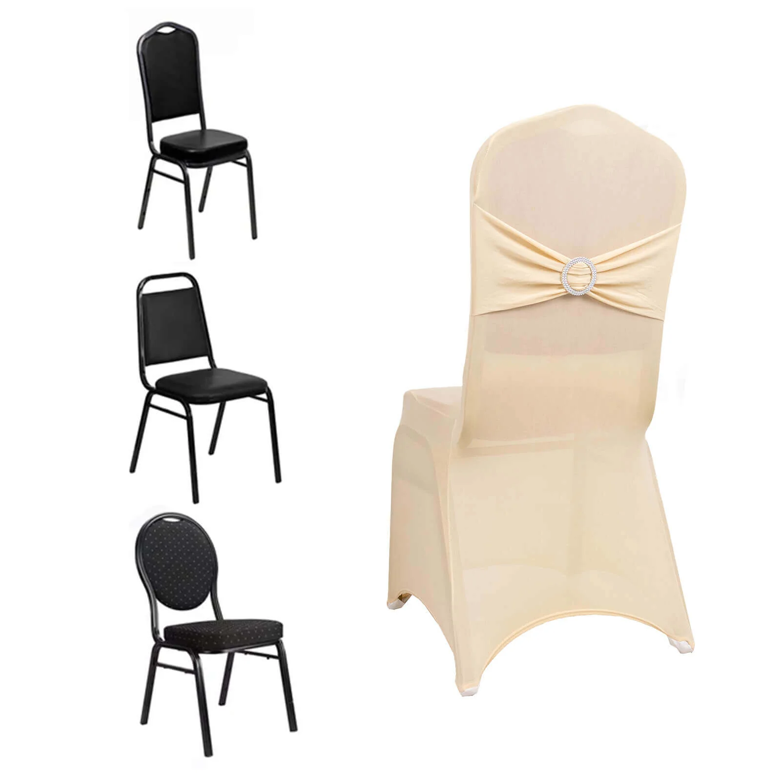 Spandex Banquet Chair Cover Beige with Silver Rhinestone Buckled Sash Band - Stretched Fitted Slip-On Slipcover - Image 3