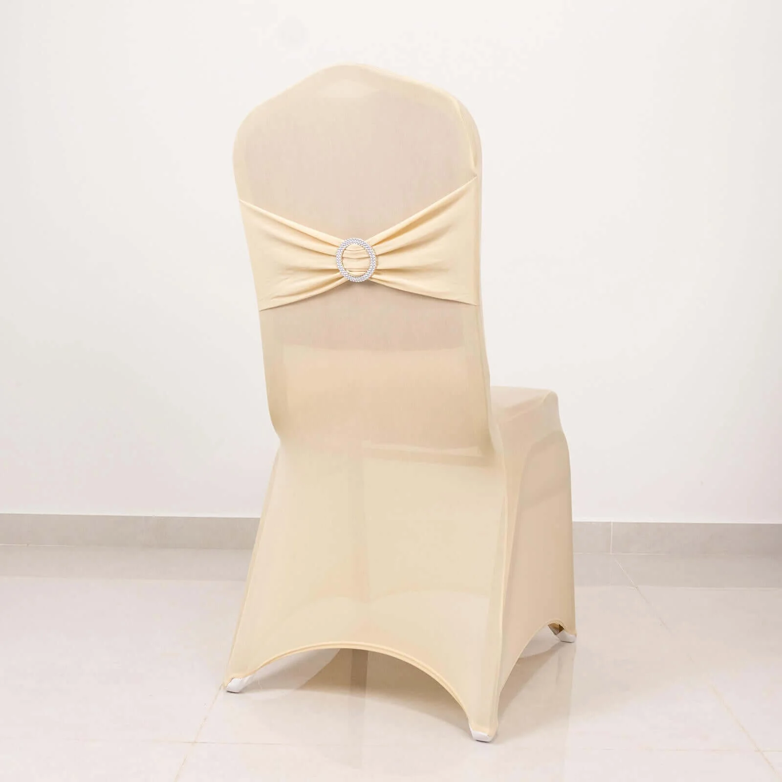 Spandex Banquet Chair Cover Beige with Silver Rhinestone Buckled Sash Band - Stretched Fitted Slip-On Slipcover - Image 6