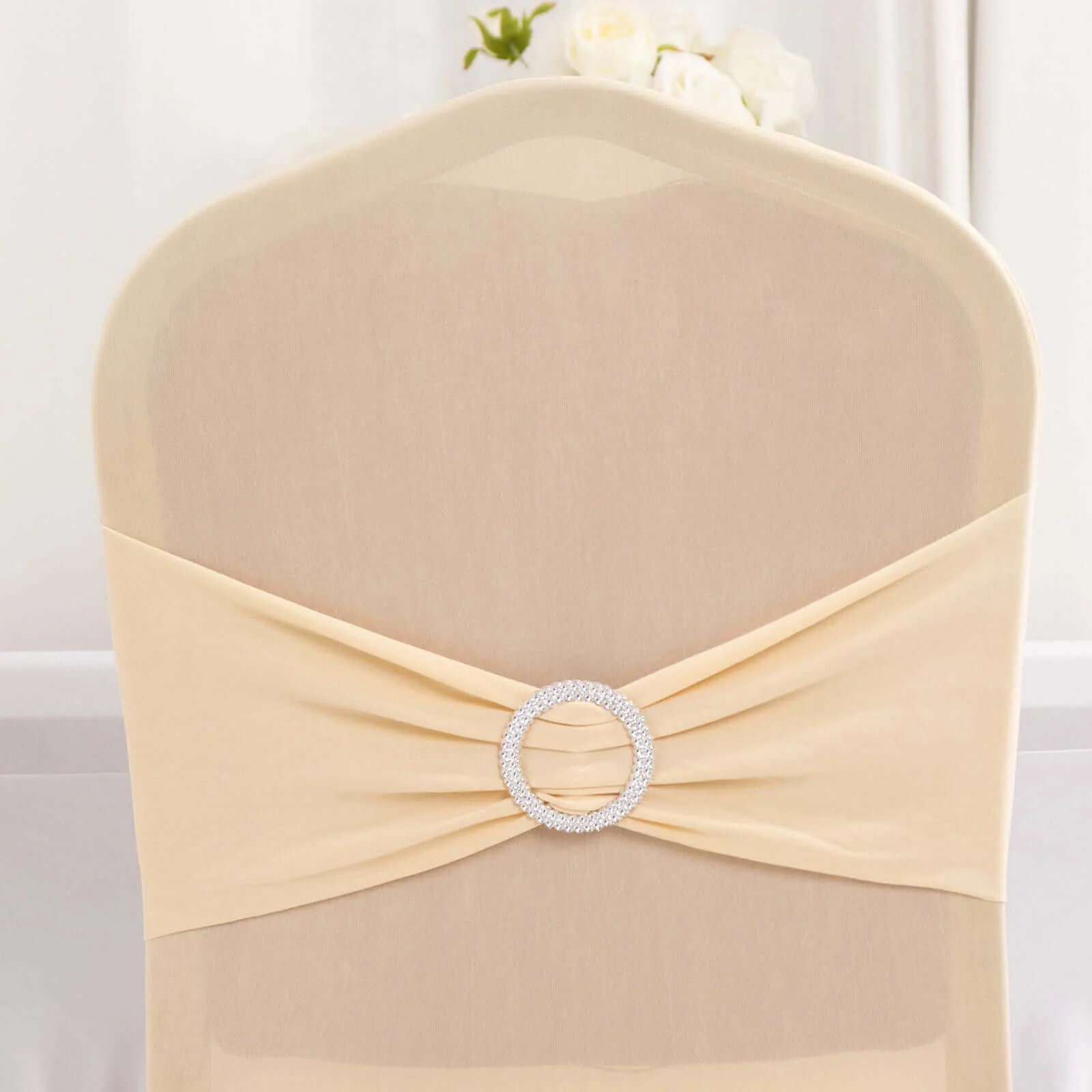 Spandex Banquet Chair Cover Beige with Silver Rhinestone Buckled Sash Band - Stretched Fitted Slip-On Slipcover - Image 7