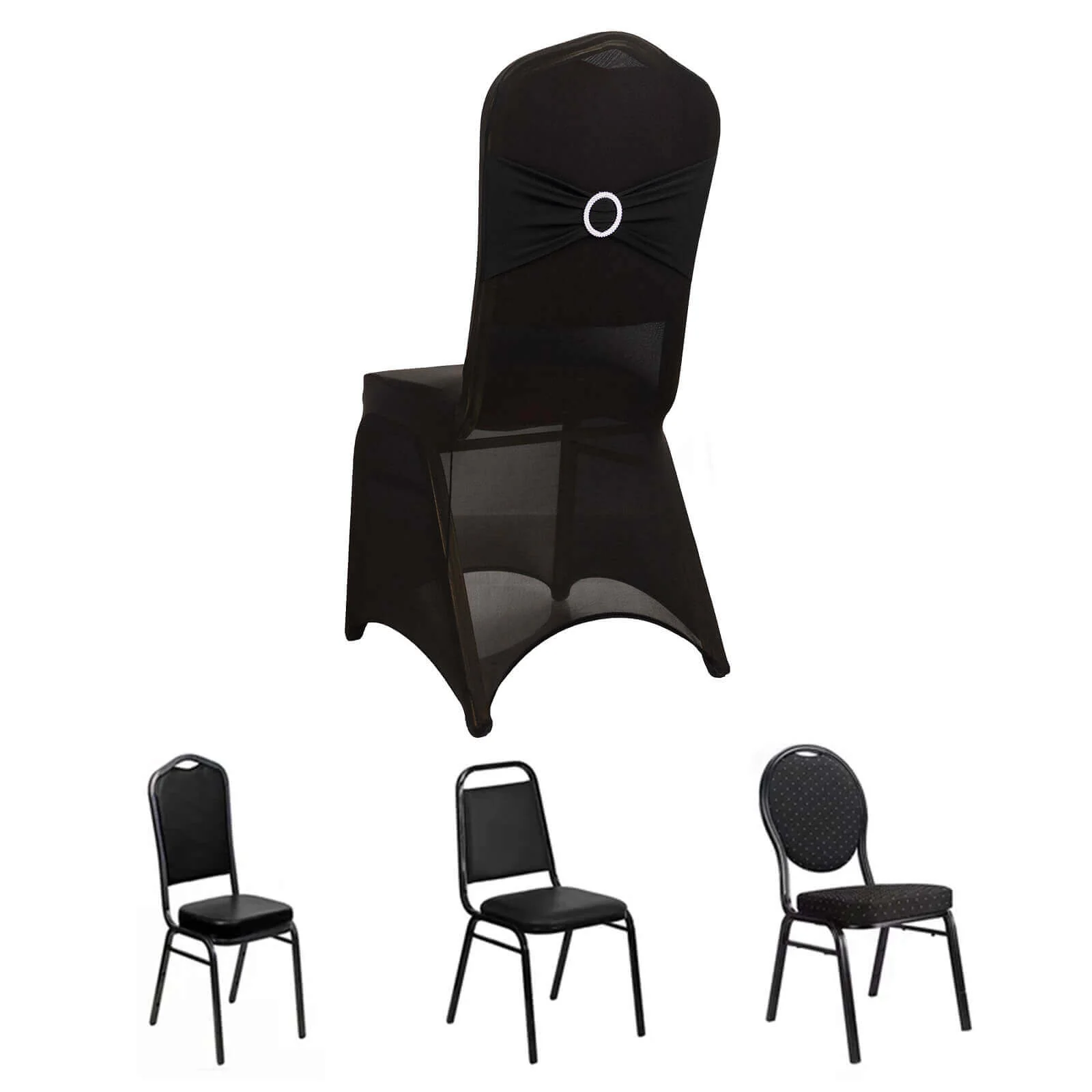 Spandex Banquet Chair Cover Black with Silver Rhinestone Buckled Sash Band - Stretched Fitted Slip-On Slipcover