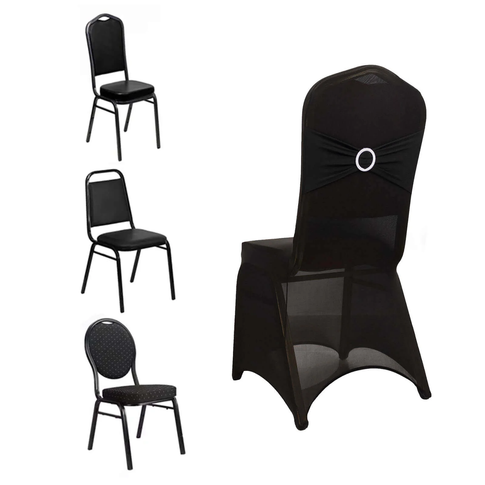 Spandex Banquet Chair Cover Black with Silver Rhinestone Buckled Sash Band - Stretched Fitted Slip-On Slipcover - Image 3