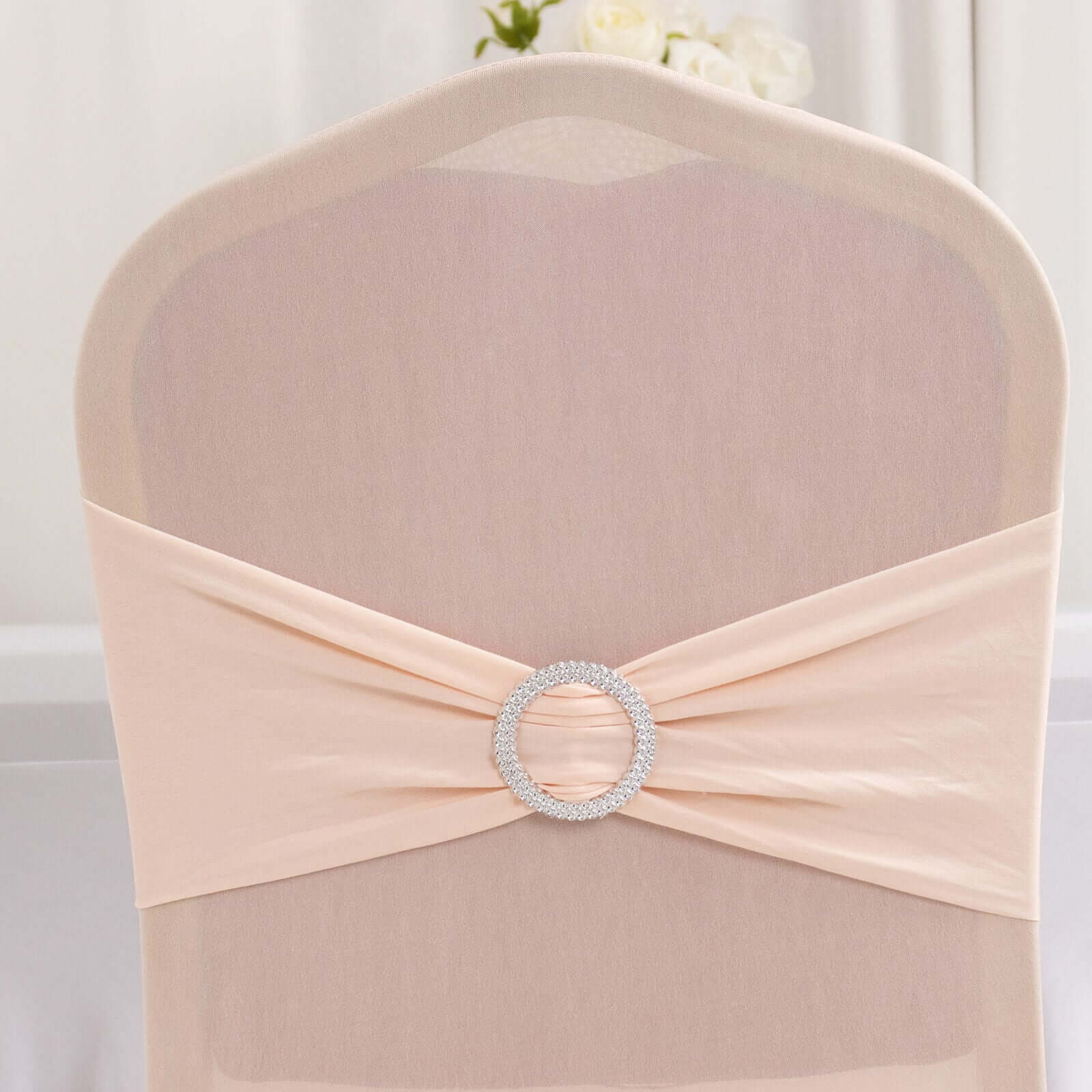 Spandex Banquet Chair Cover Blush with Silver Rhinestone Buckled Sash Band - Stretched Fitted Slip-On Slipcover - Image 7