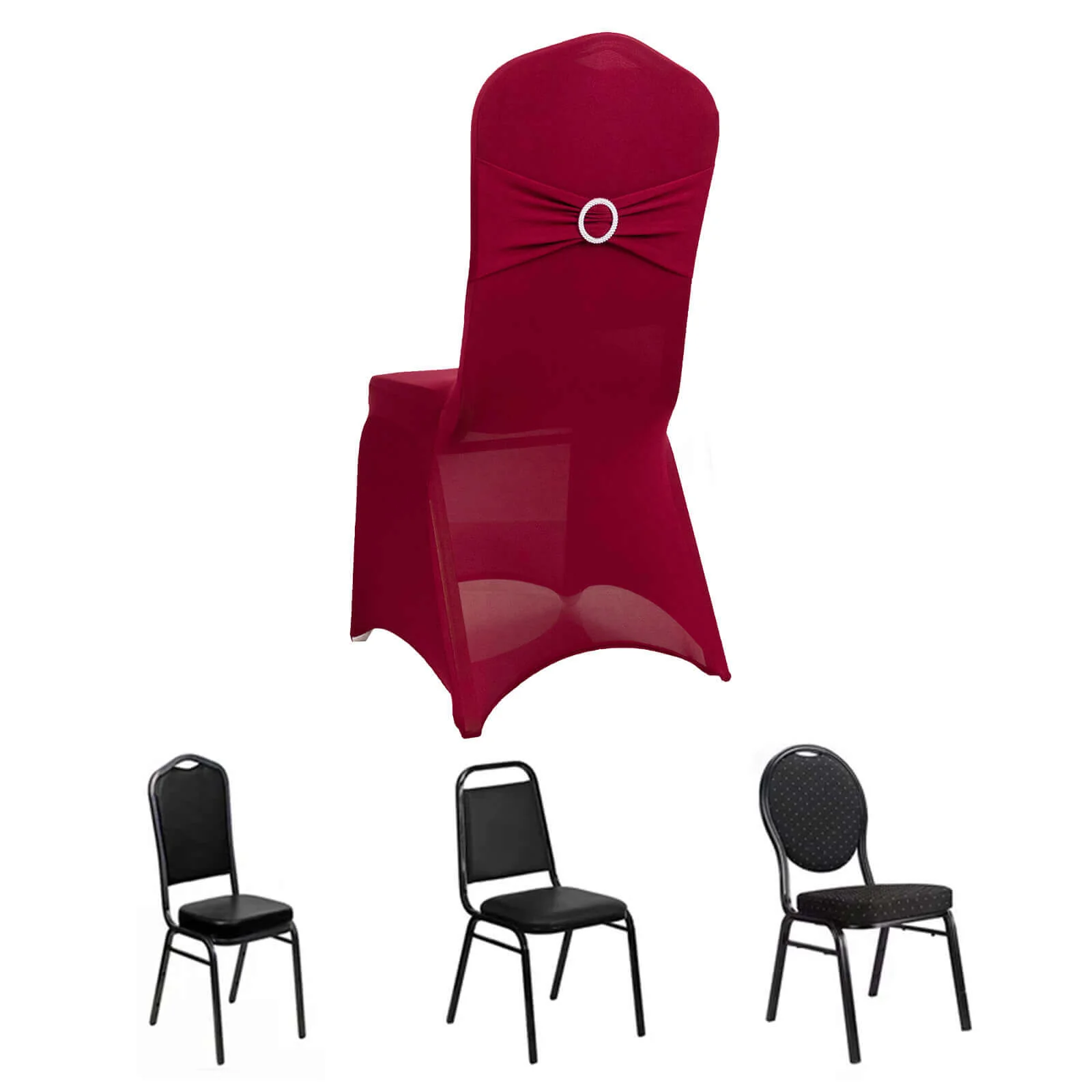 Spandex Banquet Chair Cover Burgundy with Silver Rhinestone Buckled Sash Band - Stretched Fitted Slip-On Slipcover