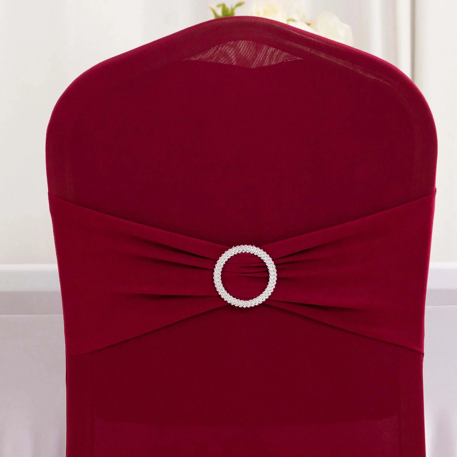 Spandex Banquet Chair Cover Burgundy with Silver Rhinestone Buckled Sash Band - Stretched Fitted Slip-On Slipcover - Image 7