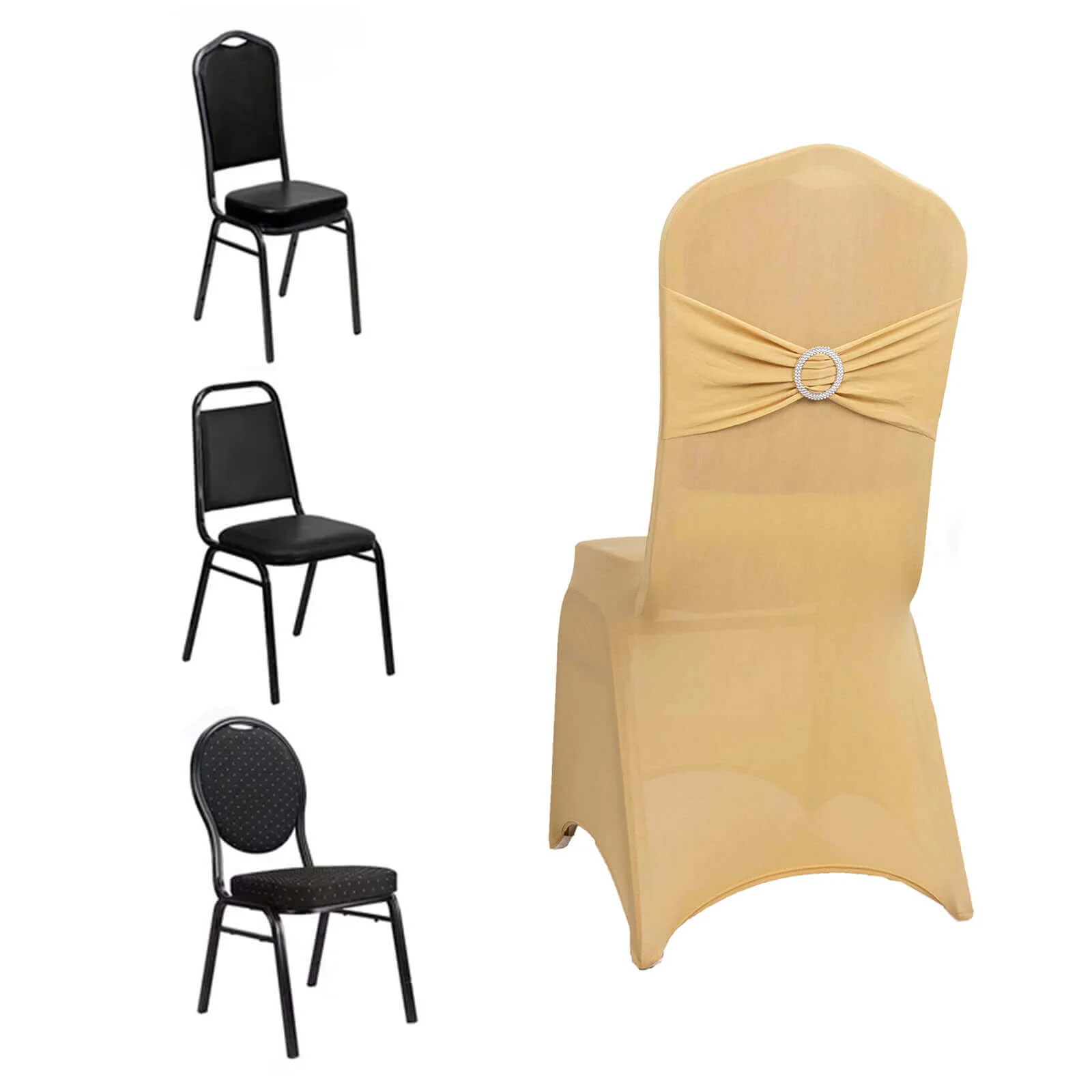 Spandex Banquet Chair Cover Champagne with Silver Rhinestone Buckled Sash Band - Stretched Fitted Slip-On Slipcover - Image 3