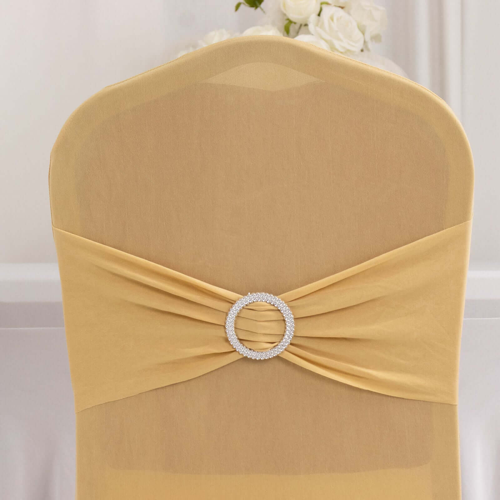 Spandex Banquet Chair Cover Champagne with Silver Rhinestone Buckled Sash Band - Stretched Fitted Slip-On Slipcover - Image 7