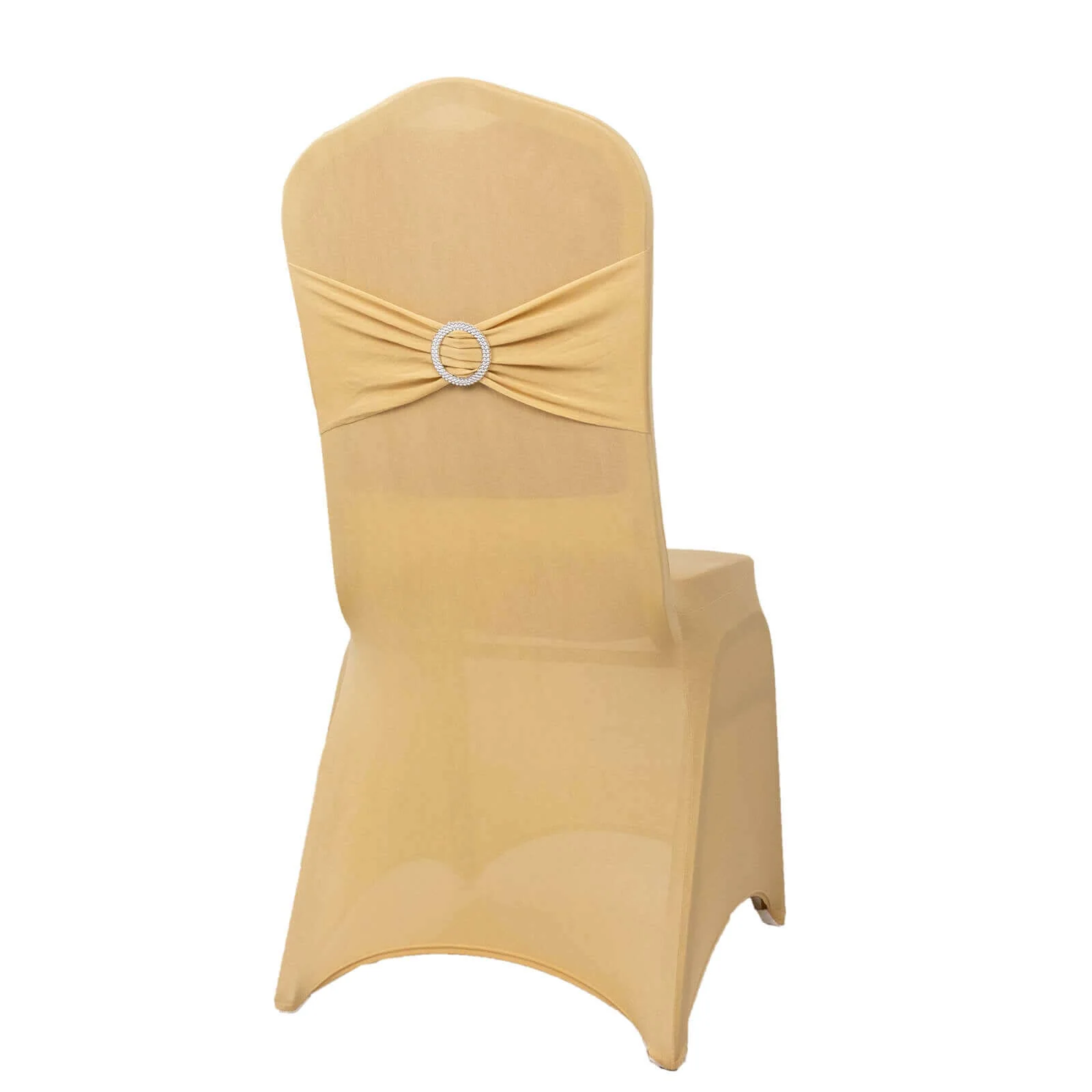 Spandex Banquet Chair Cover Champagne with Silver Rhinestone Buckled Sash Band - Stretched Fitted Slip-On Slipcover - Image 8