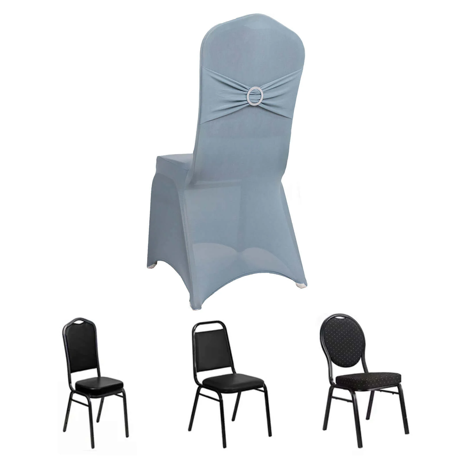 Spandex Banquet Chair Cover Dusty Blue with Silver Rhinestone Buckled Sash Band - Stretched Fitted Slip-On Slipcover