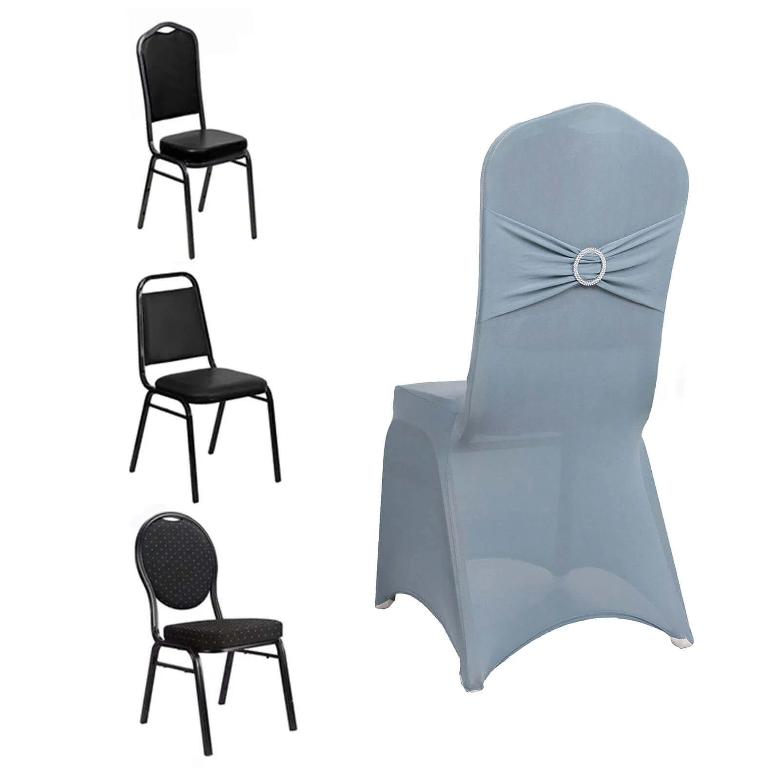 Spandex Banquet Chair Cover Dusty Blue with Silver Rhinestone Buckled Sash Band - Stretched Fitted Slip-On Slipcover - Image 3