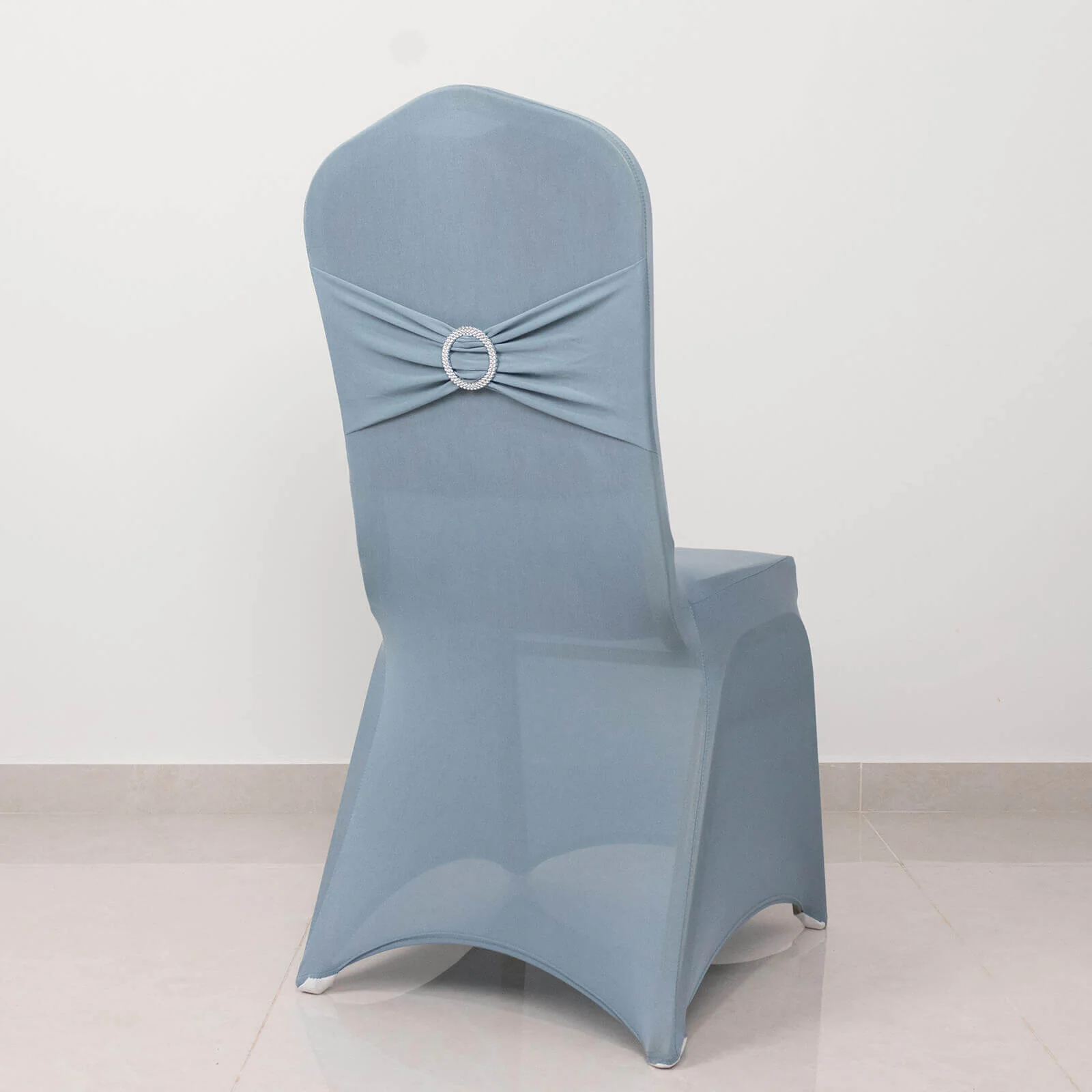 Spandex Banquet Chair Cover Dusty Blue with Silver Rhinestone Buckled Sash Band - Stretched Fitted Slip-On Slipcover - Image 6