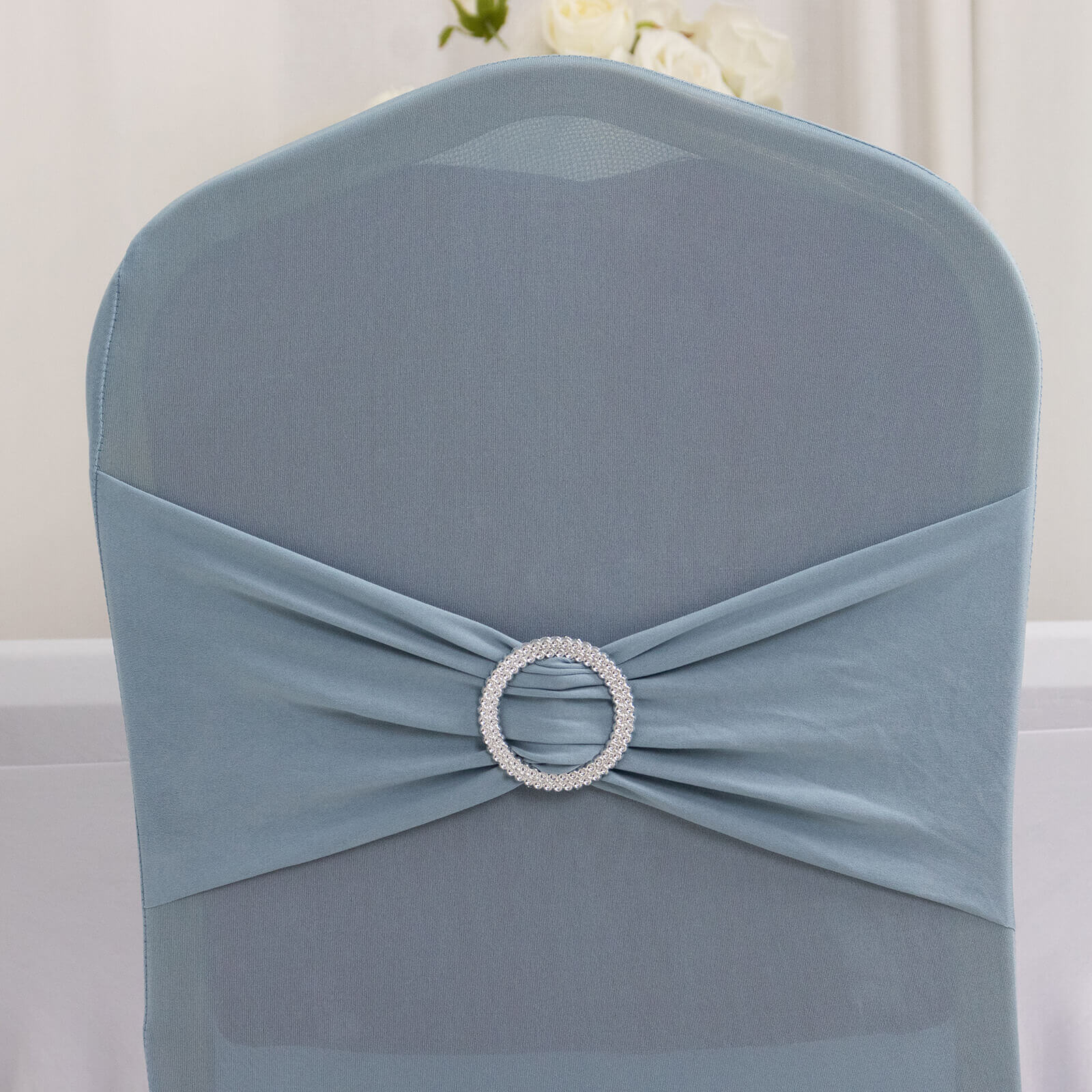 Spandex Banquet Chair Cover Dusty Blue with Silver Rhinestone Buckled Sash Band - Stretched Fitted Slip-On Slipcover - Image 7