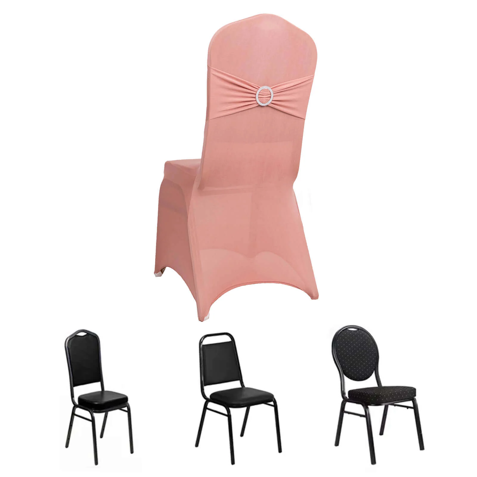Spandex Banquet Chair Cover Dusty Rose with Silver Rhinestone Buckled Sash Band - Stretched Fitted Slip-On Slipcover