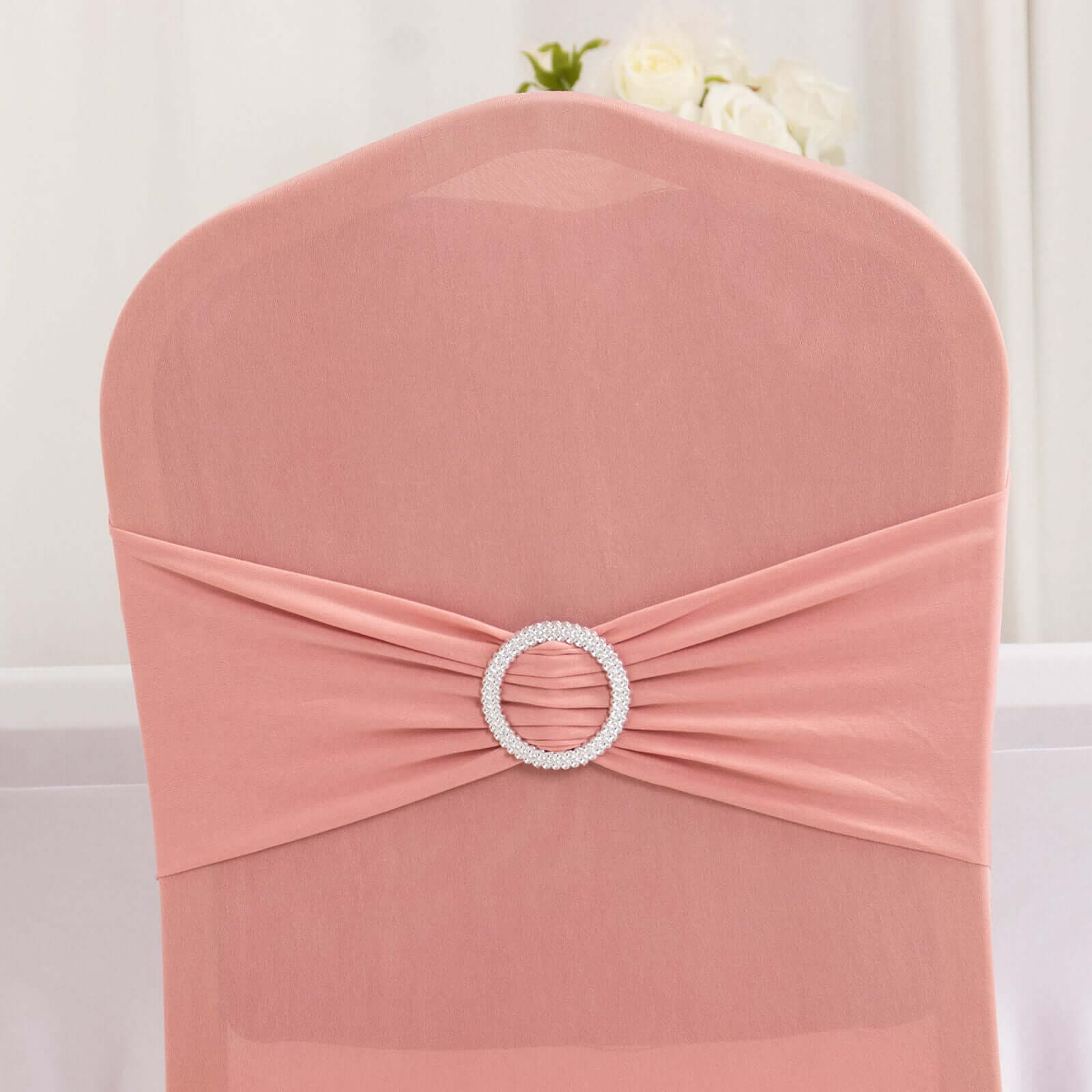 Spandex Banquet Chair Cover Dusty Rose with Silver Rhinestone Buckled Sash Band - Stretched Fitted Slip-On Slipcover - Image 7