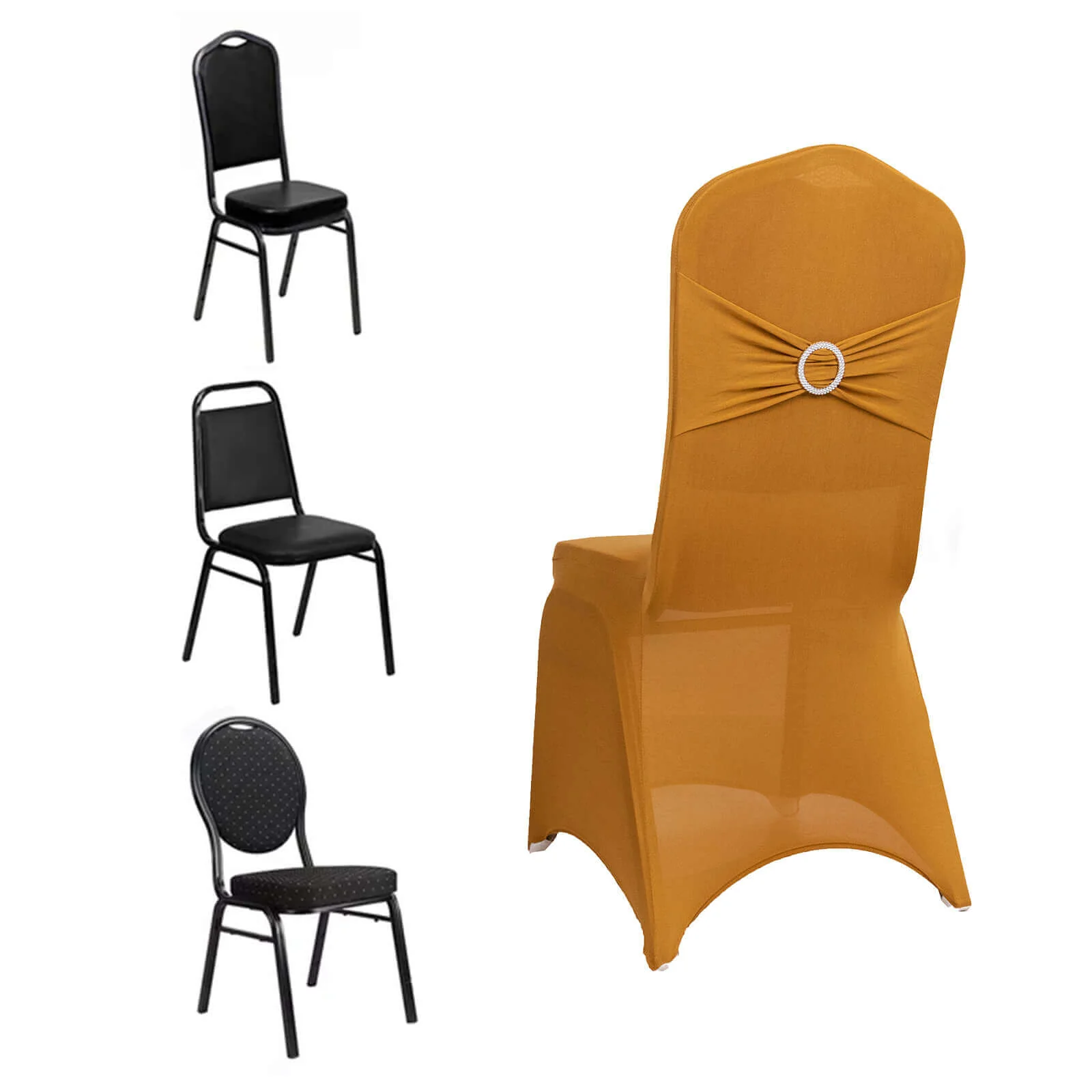 Spandex Banquet Chair Cover Gold with Silver Rhinestone Buckled Sash Band - Stretched Fitted Slip-On Slipcover - Image 3