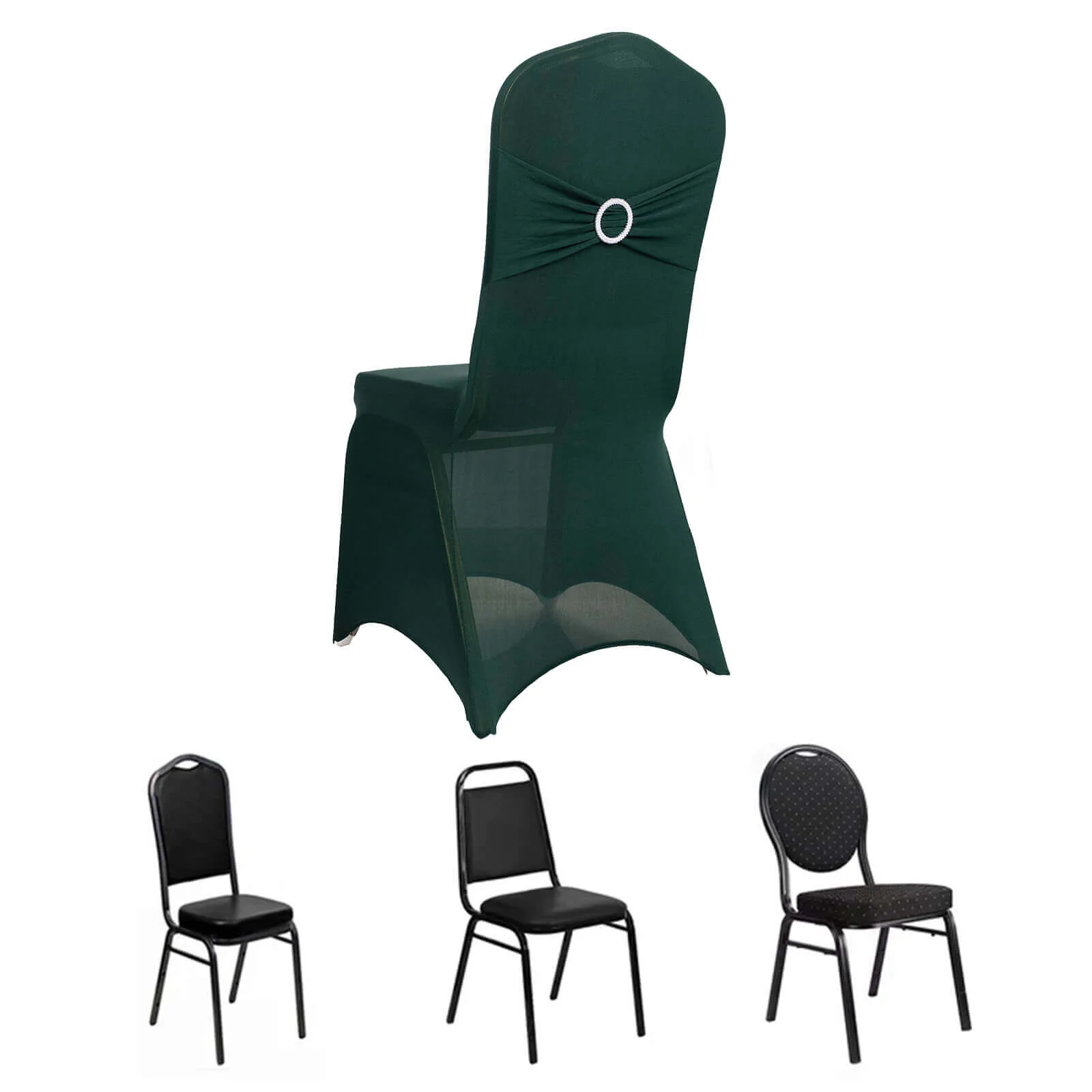Spandex Banquet Chair Cover Hunter Emerald Green with Silver Rhinestone Buckled Sash Band - Stretched Fitted Slip-On Slipcover