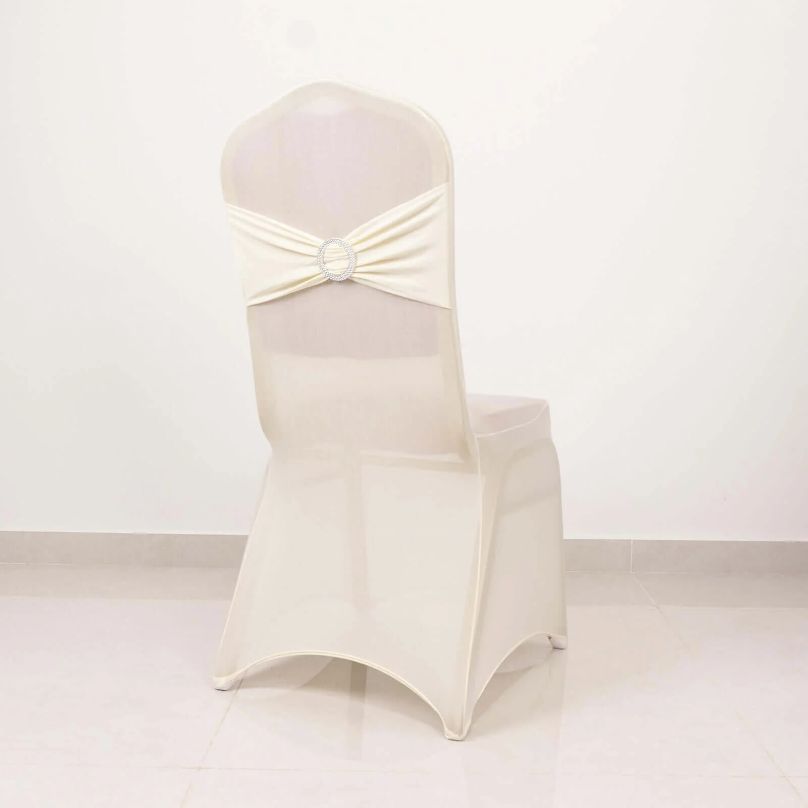 Spandex Banquet Chair Cover Ivory with Silver Rhinestone Buckled Sash Band - Stretched Fitted Slip-On Slipcover - Image 2