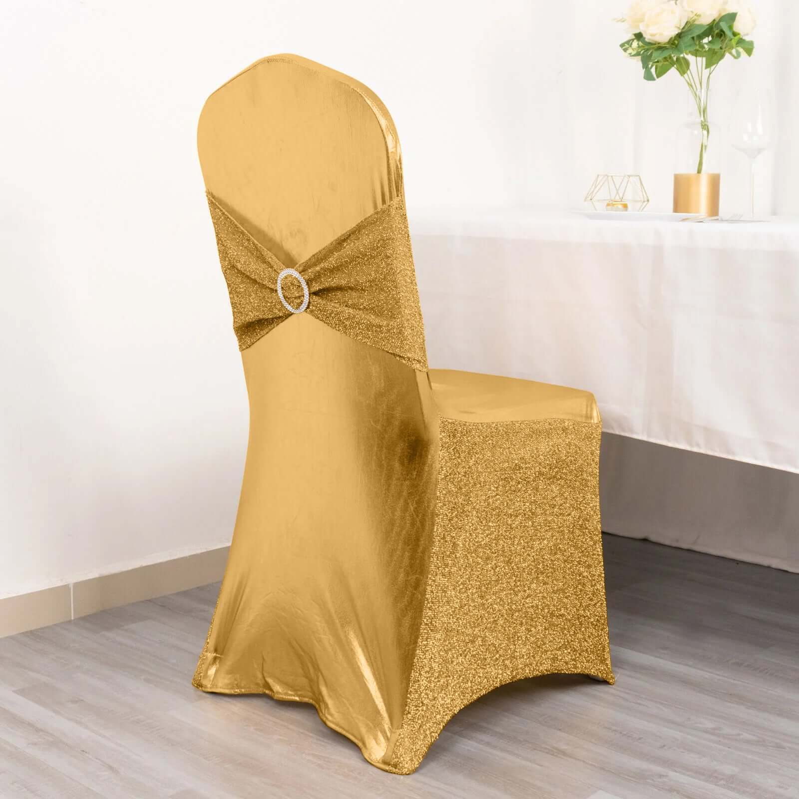 Spandex Banquet Chair Cover Metallic Gold Tinsel with Attached Sash and Silver Rhinestone Buckle - Shimmering Premium Fitted Design - Image 4
