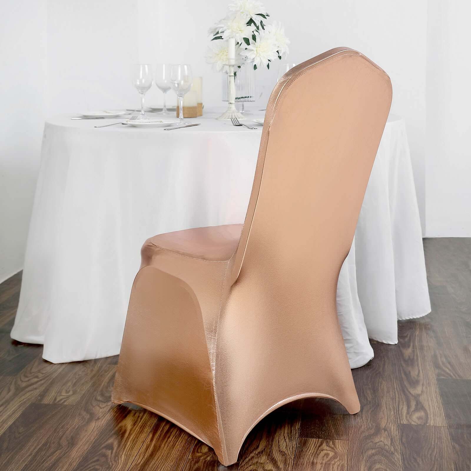 Spandex Banquet Chair Cover Metallic Rose Gold - Glittering Premium Fitted Design - Image 10