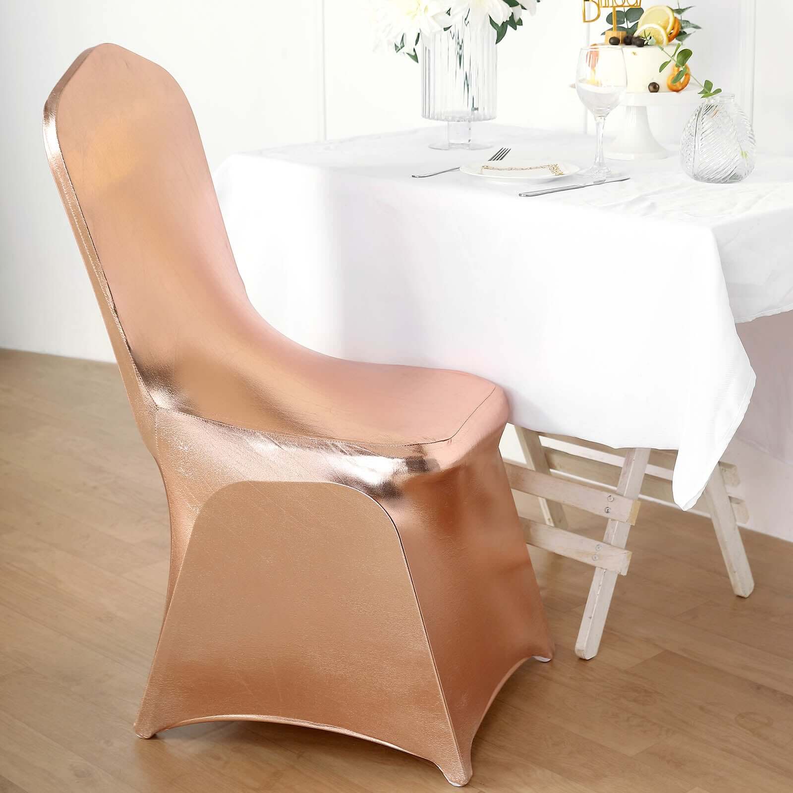 Spandex Banquet Chair Cover Metallic Rose Gold - Glittering Premium Fitted Design - Image 13