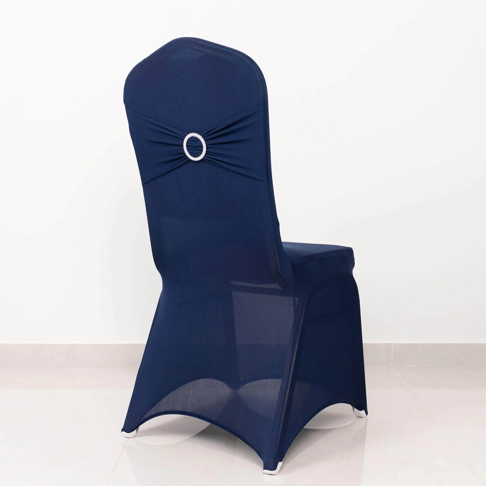 Spandex Banquet Chair Cover Navy Blue with Silver Rhinestone Buckled Sash Band - Stretched Fitted Slip-On Slipcover - Image 2