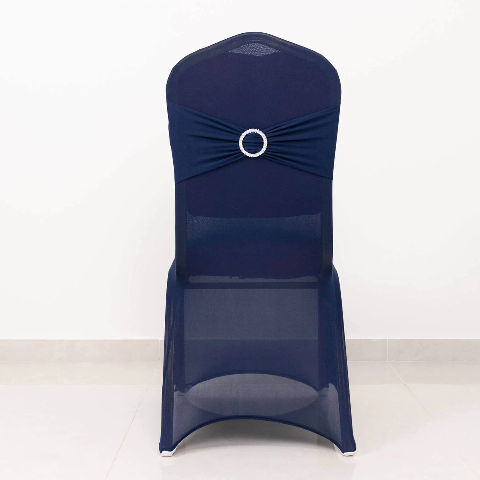 Spandex Banquet Chair Cover Navy Blue with Silver Rhinestone Buckled Sash Band - Stretched Fitted Slip-On Slipcover - Image 6