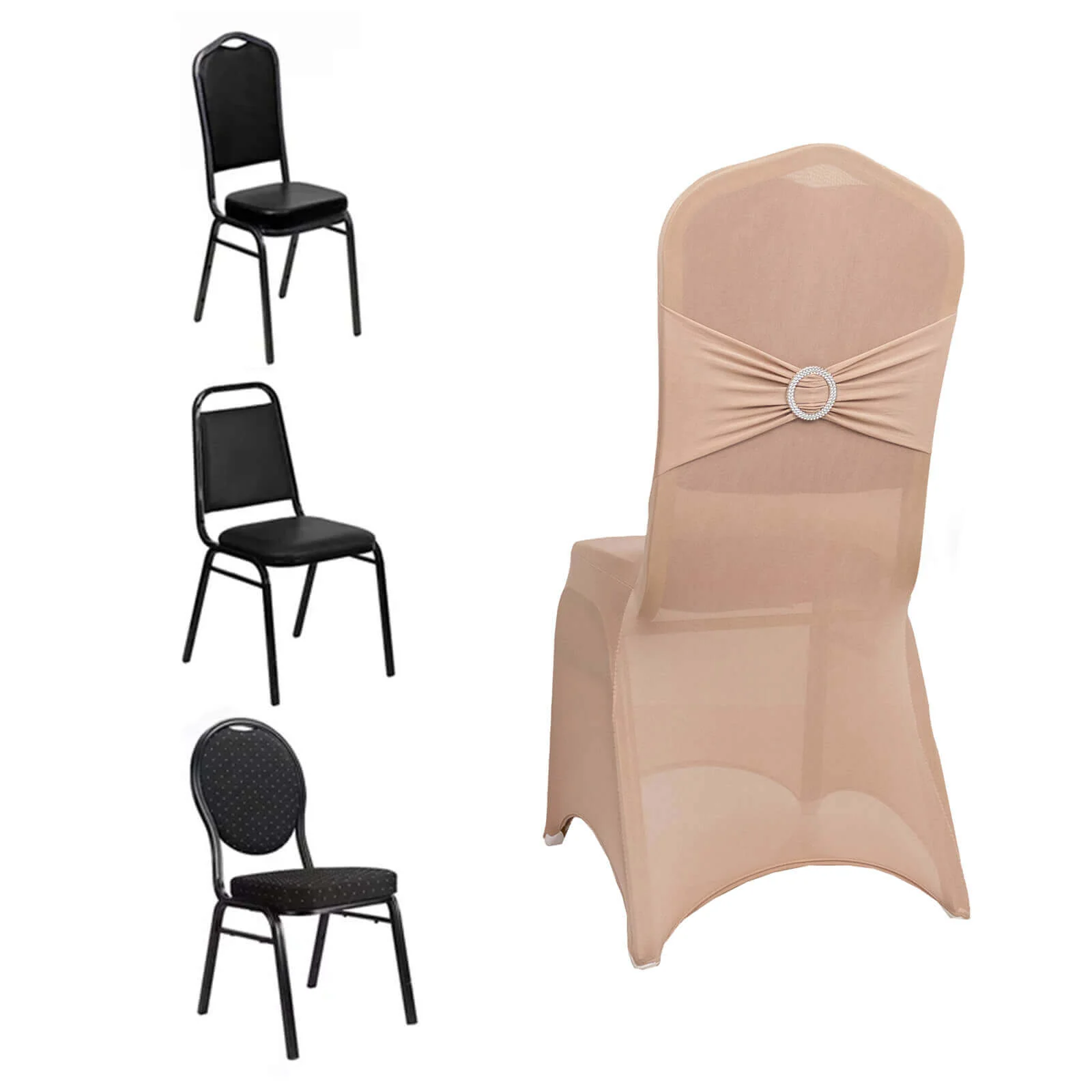 Spandex Banquet Chair Cover Nude with Silver Rhinestone Buckled Sash Band - Stretched Fitted Slip-On Slipcover - Image 3