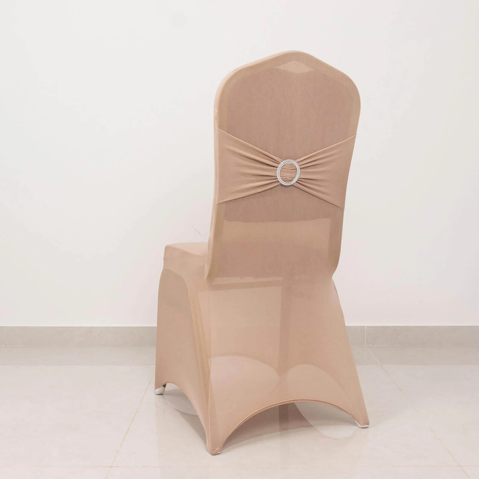 Spandex Banquet Chair Cover Nude with Silver Rhinestone Buckled Sash Band - Stretched Fitted Slip-On Slipcover - Image 6